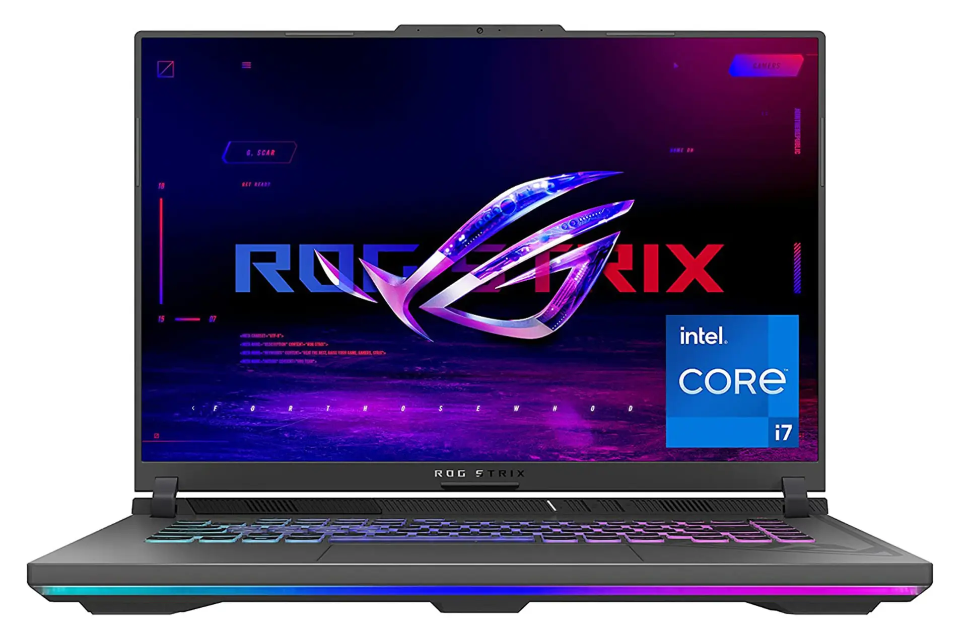 نمای روبه‌روی لپ تاپ ایسوس ASUS ROG Strix G16 G614JV با نمایشگر روشن و نورپردازی