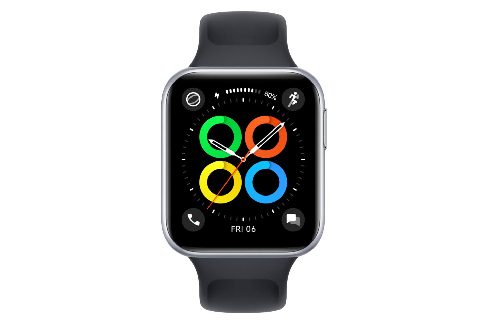 نمای روبرو ساعت هوشمند اوپو واچ Oppo Watch SE نقره ای با بند مشکی