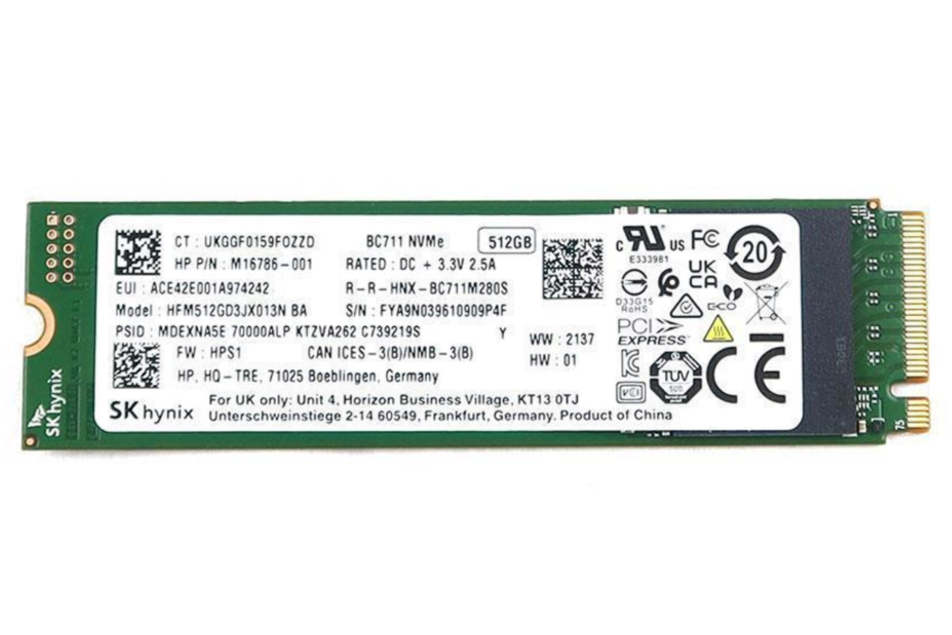 SSD اس کی هاینیکس BC711 NVMe M.2 2280 ظرفیت 512 گیگابایت