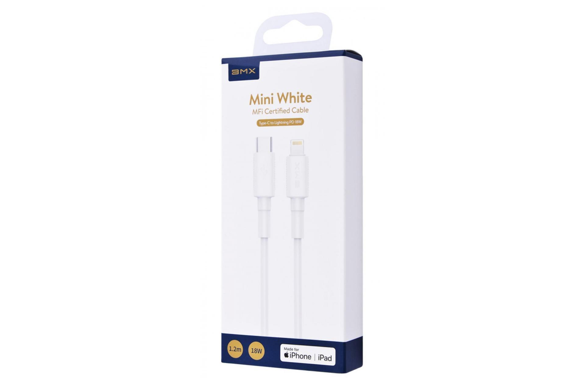 جعبه کابل شارژ USB باسئوس Type-C به Lightning مدل BMX Mini White MFi Certified با طول 1.2 متر