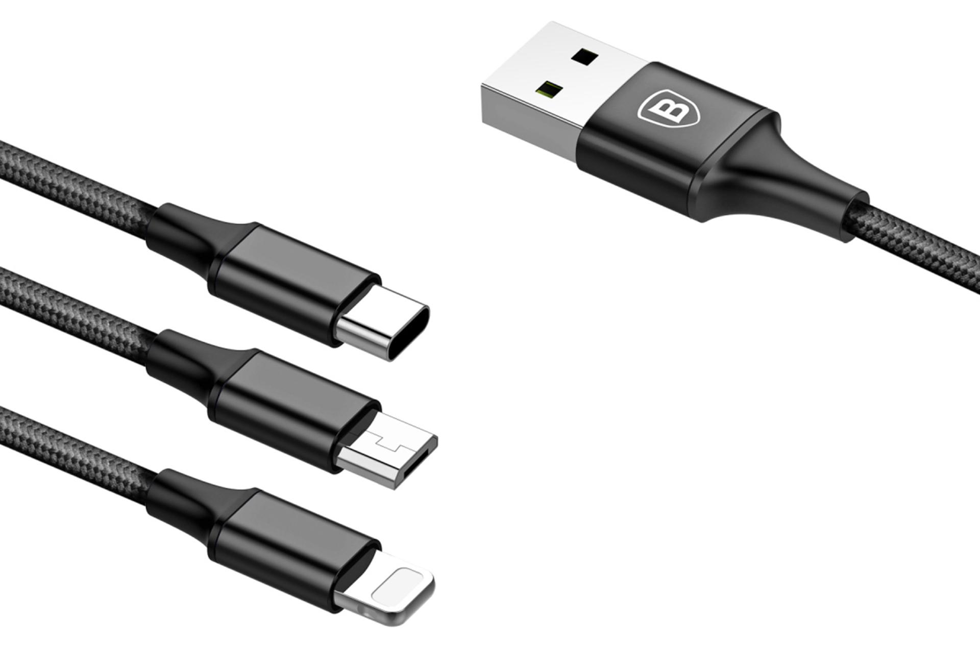 کانکتور کابل شارژ USB باسئوس USB به Type-C+Micro-USB+Lightning مدل Rapid 3-in-1 3A با طول 1.2 متر