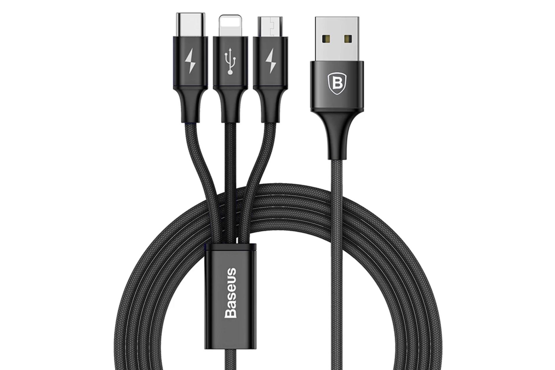 کابل شارژ USB باسئوس USB به Type-C+Micro-USB+Lightning مدل Rapid 3-in-1 3A با طول 1.2 متر مشکی