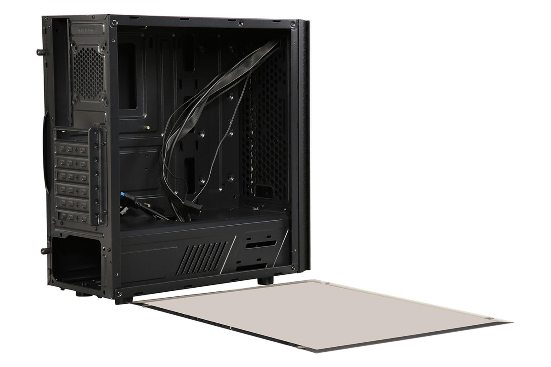 نمای نیم رخ عقب و داخل سمت چپ به همراه درب شیشه‌ای جداشونده کیس کامپیوتر ریدمکس Blazar X910-FAB