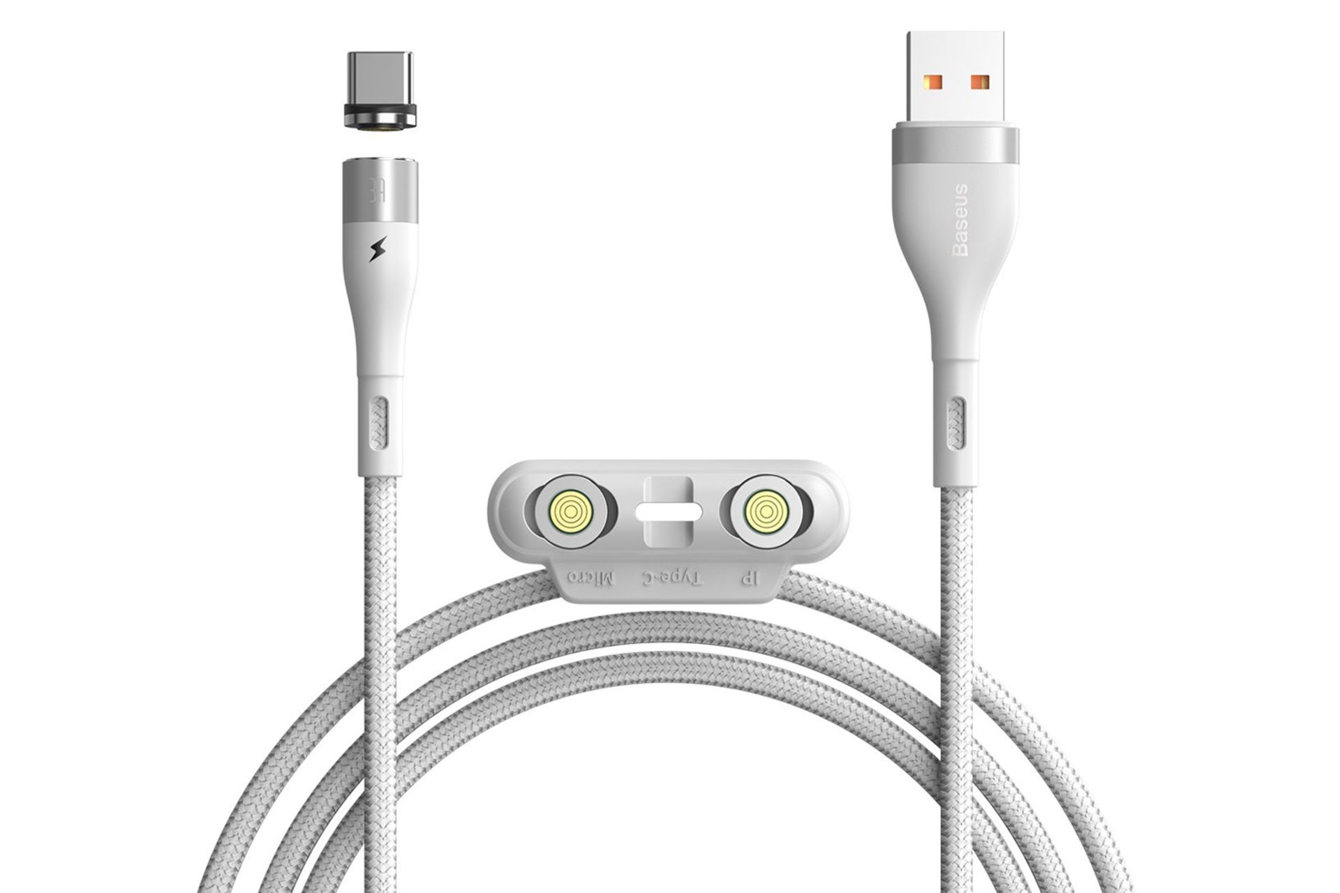 کابل شارژ USB باسئوس USB به Type-C+Micro-USB+Lightning مدل Zinc Magnetic Safe با طول 1 متر سفید