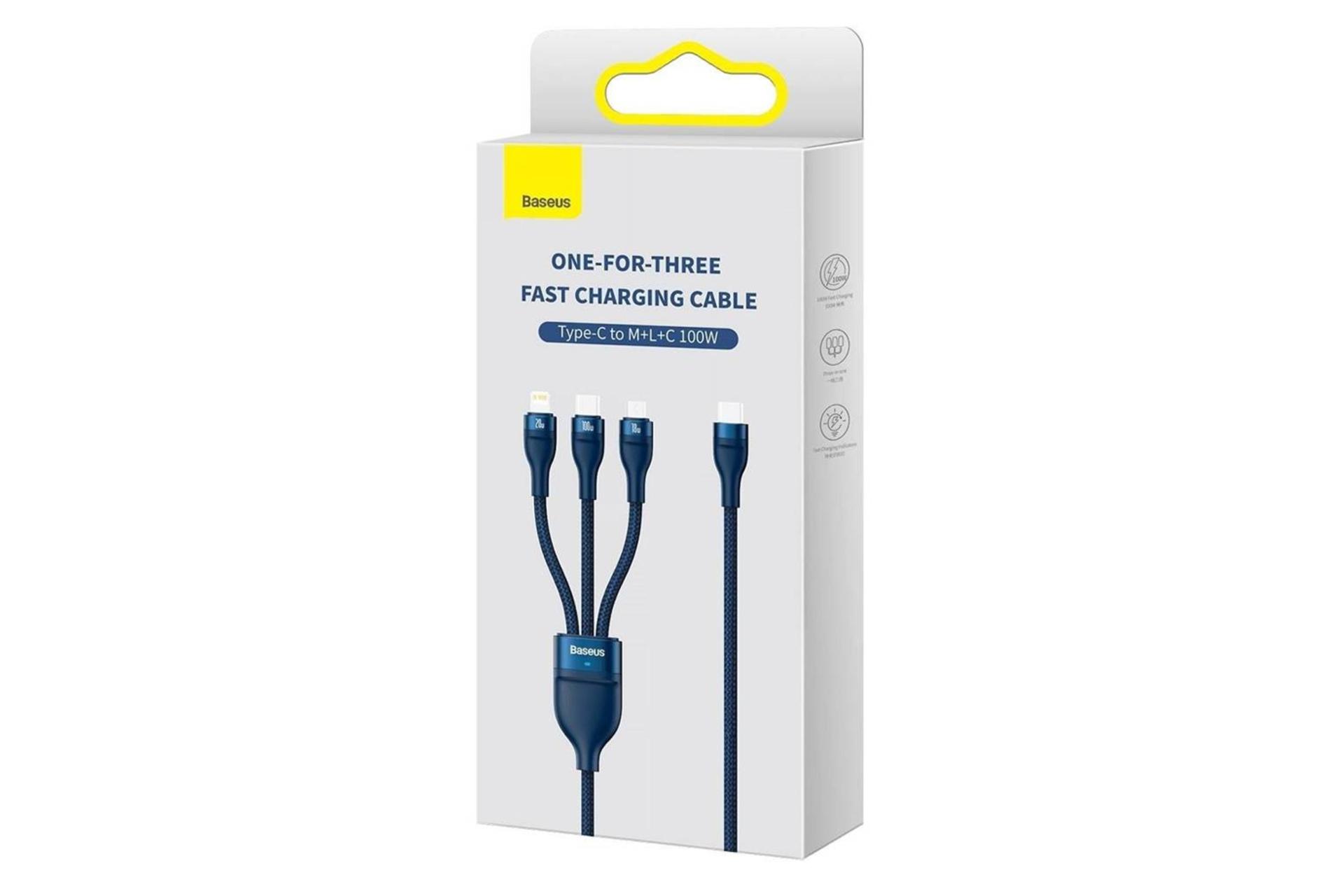 جعبه کابل شارژ USB باسئوس Type-C به Type-C+Micro-USB+Lightning مدل Flash II با طول 1.5 متر
