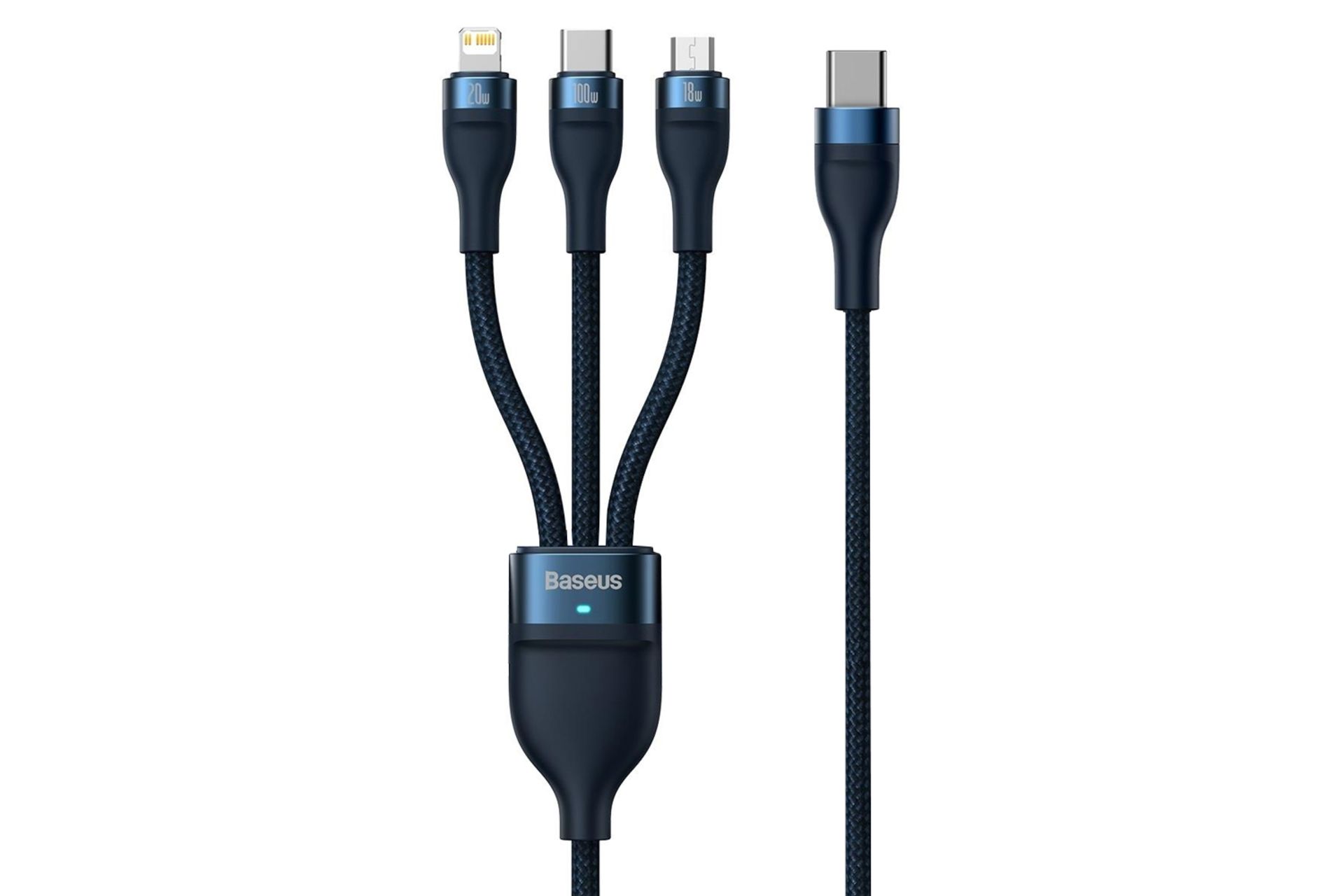 کابل شارژ USB باسئوس Type-C به Type-C+Micro-USB+Lightning مدل Flash II با طول 1.5 متر آبی