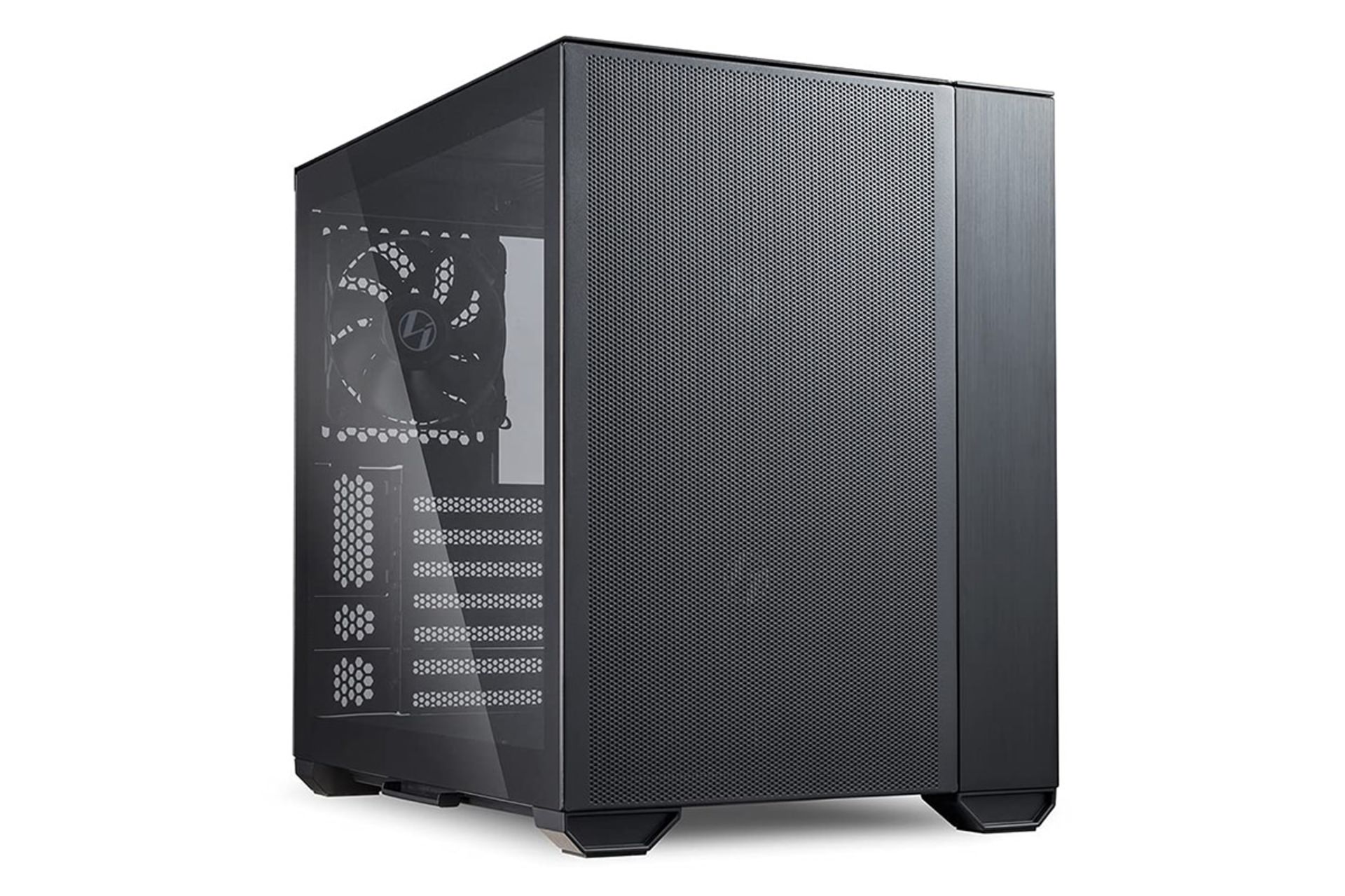 نمای نیم رخ جلو و پنل شیشه‌ای سمت چپ کیس کامپیوتر لیان لی O11 Air Mini رنگ مشکی