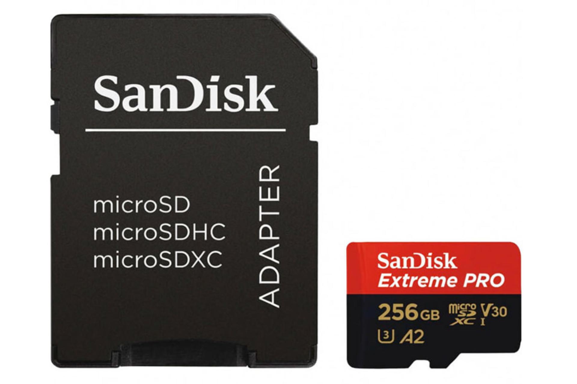 کارت حافظه سن دیسک microSDXC با ظرفیت 256 گیگابایت مدل Extreme Pro V30 A2 کلاس 10 همراه آداپتور