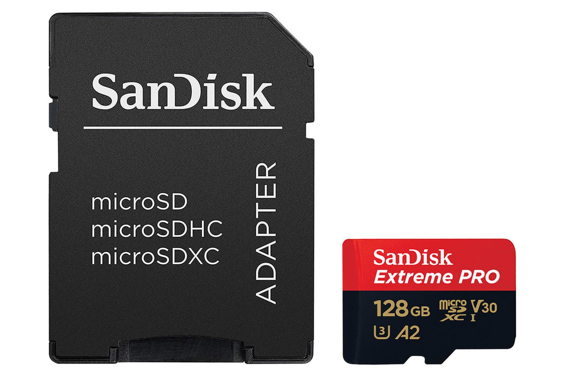 کارت حافظه سن دیسک microSDXC با ظرفیت 128 گیگابایت مدل Extreme Pro V30 A2 کلاس 10 همراه آداپتور