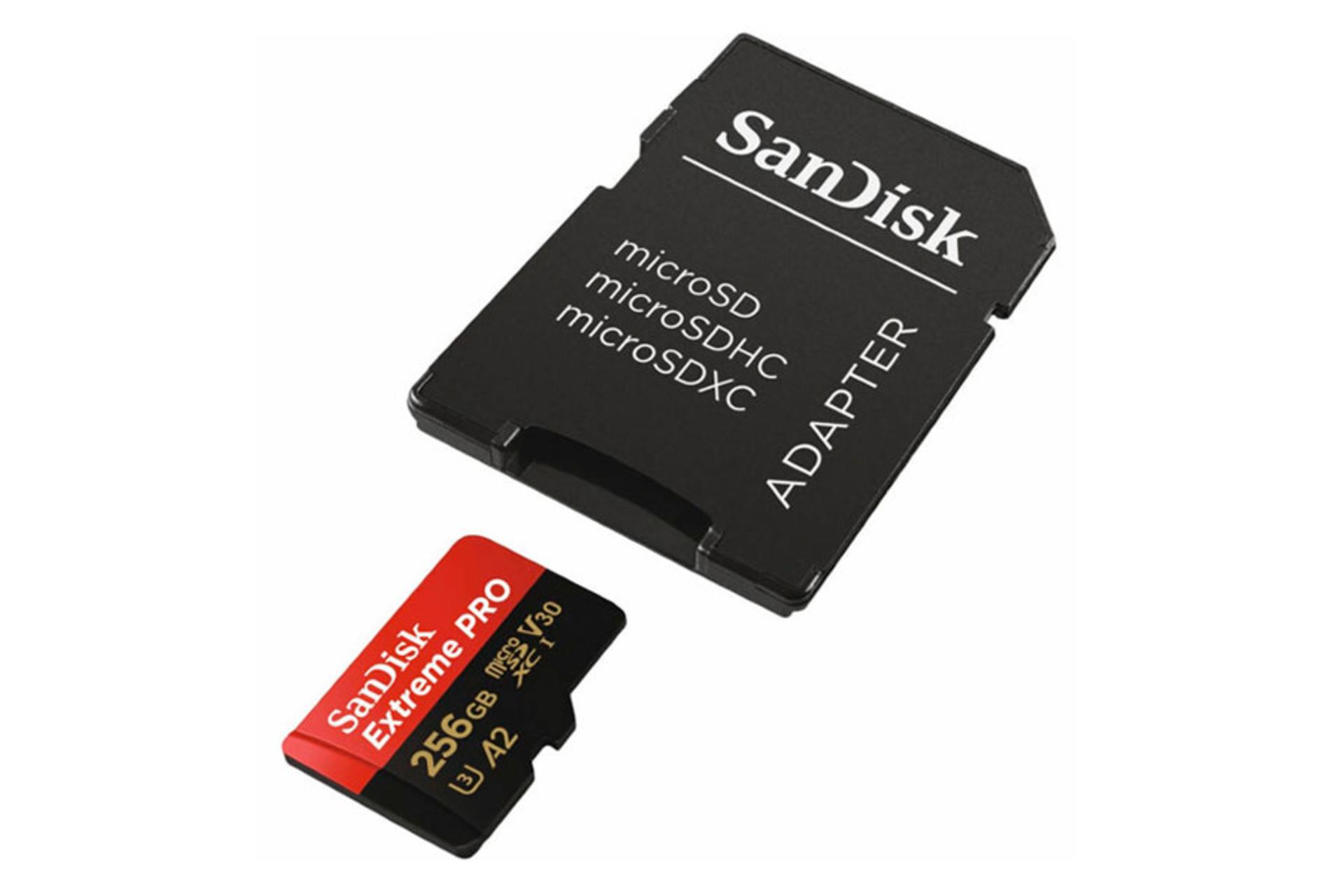 نمای جانبی کارت حافظه سن دیسک microSDXC با ظرفیت 256 گیگابایت مدل Extreme Pro V30 A2 کلاس 10