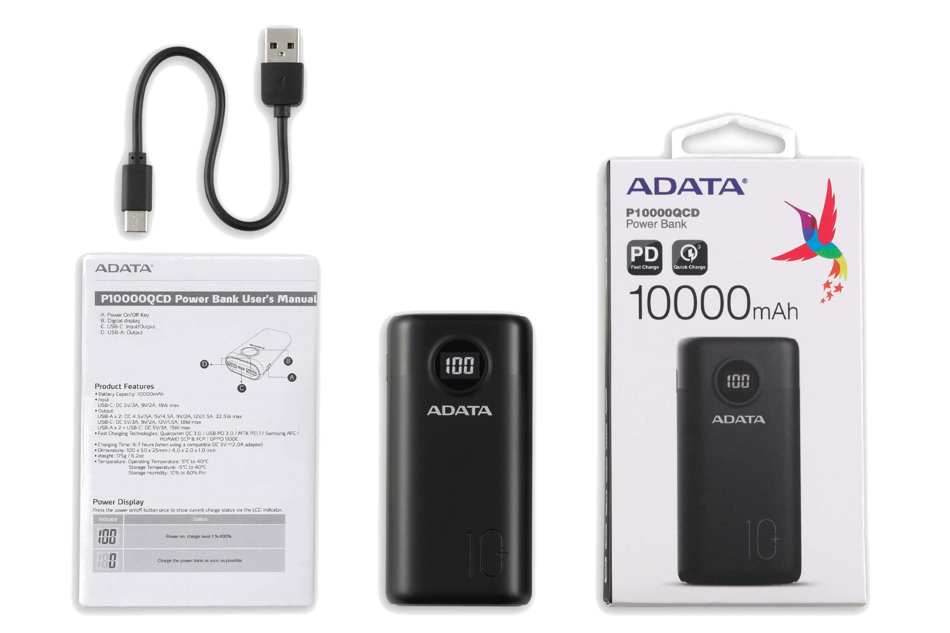 اقلام همراه پاور بانک ای دیتا ADATA P10000QCD 10000mAh با ظرفیت 10000 میلی‌آمپر ساعت
