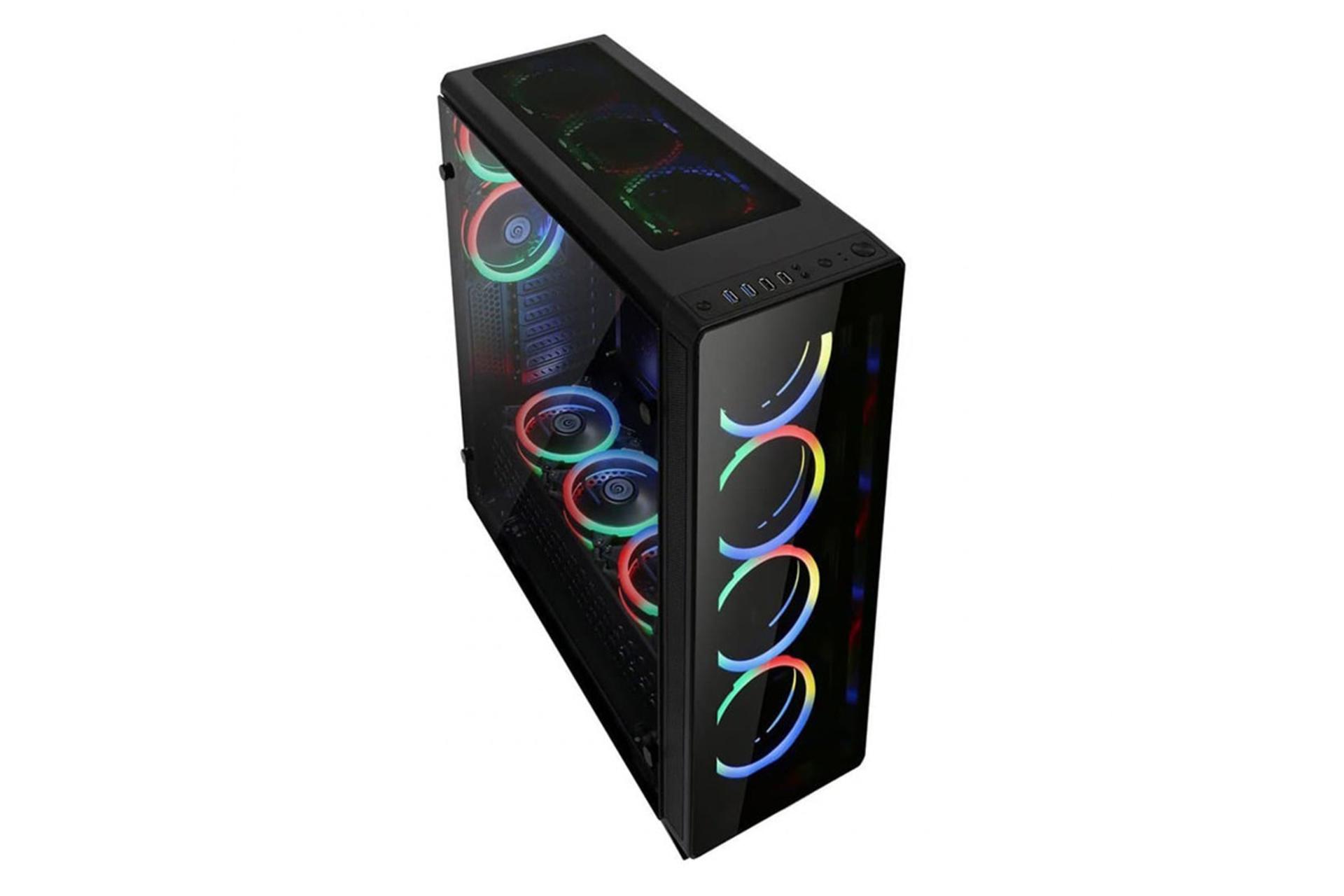 نمای جلو، سمت چپ، فیلتر و پورت‌های بالای کیس کامپیوتر مسترتک T500