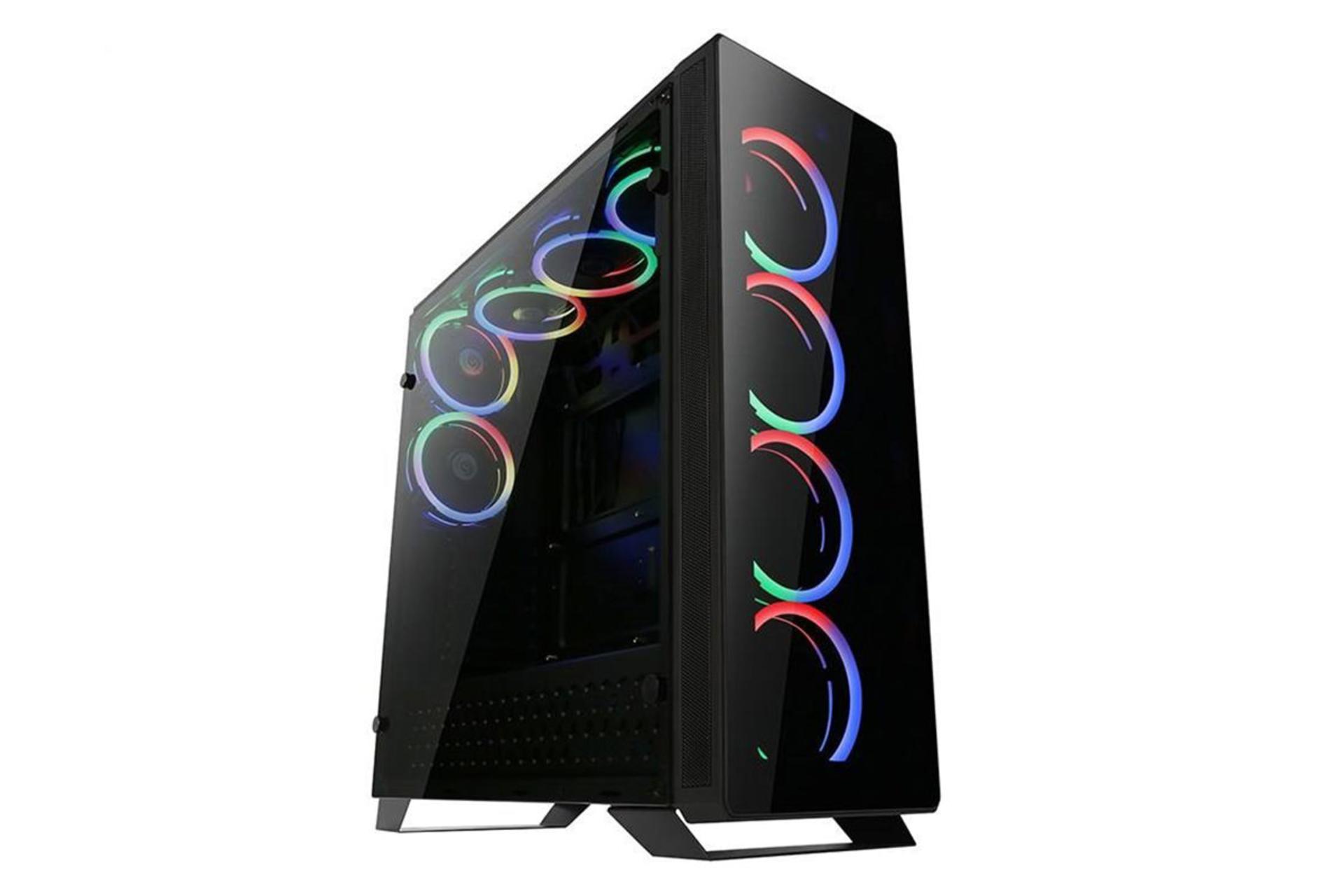 نمای نیم رخ جلو و پنل شیشه‌ای سمت چپ کیس کامپیوتر مسترتک T500