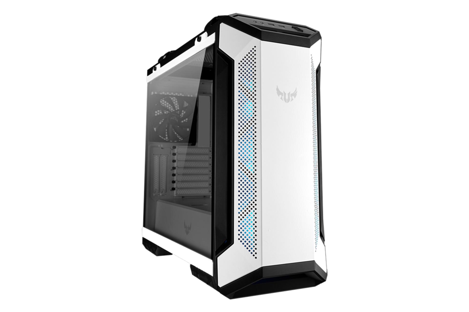 نمای نیم رخ جلو و سمت چپ کیس کامپیوتر ایسوس TUF Gaming GT501 White Edition