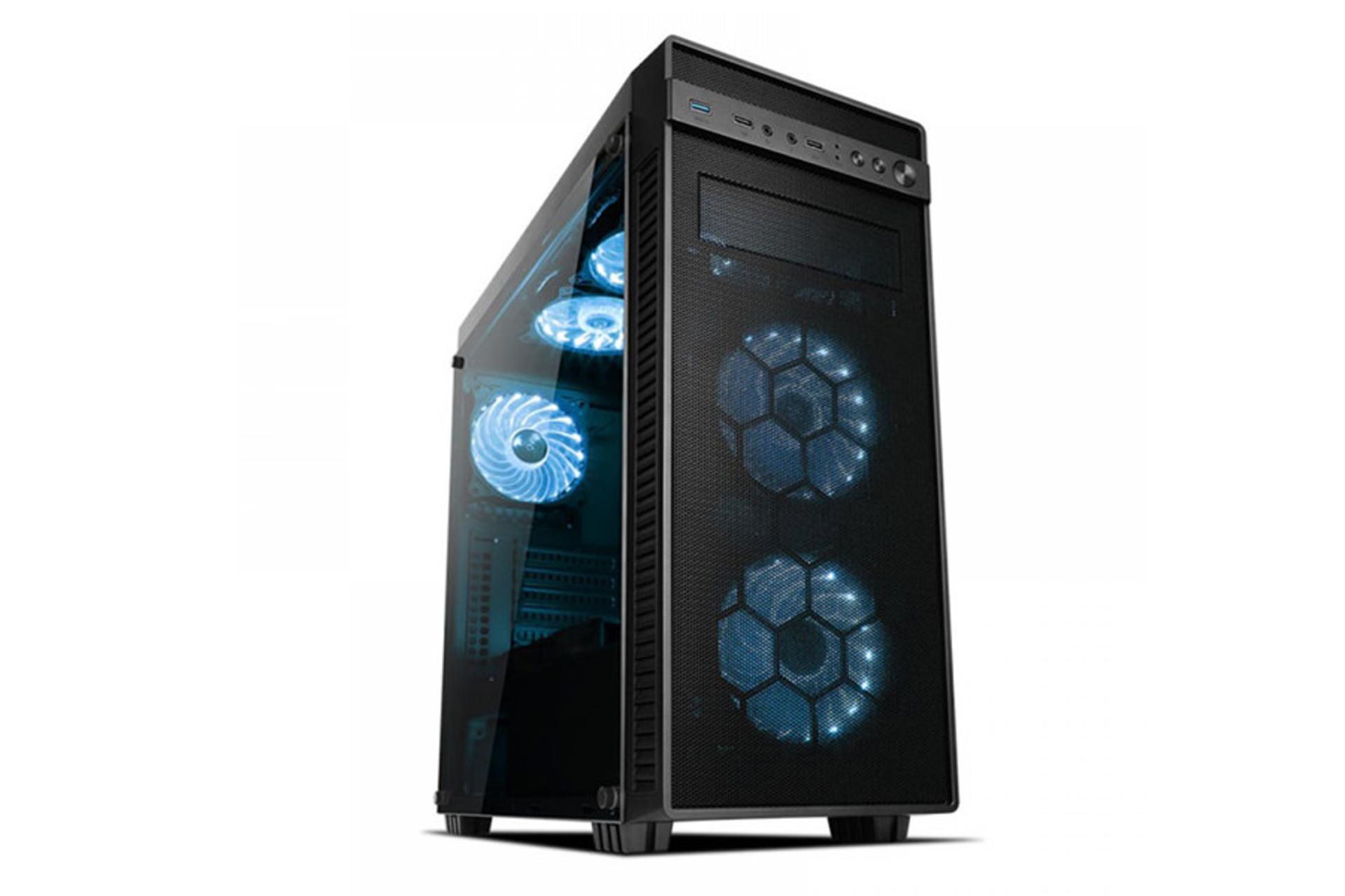 نمای نیم رخ جلو و سمت چپ کیس کامپیوتر مسترتک ATRON MESH به همراه نور LED آبی