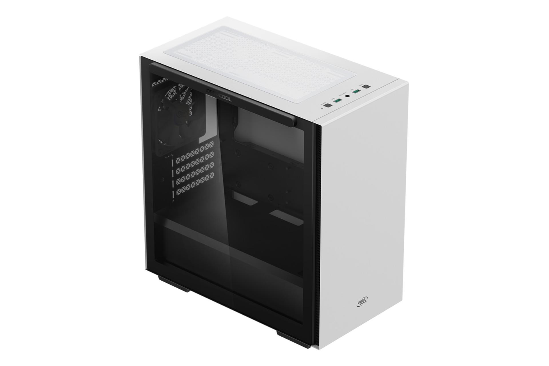 نمای نیم رخ جلو، بالا و سمت چپ شیشه ای کیس کامپیوتر دیپ کول MACUBE 110 رنگ سفید