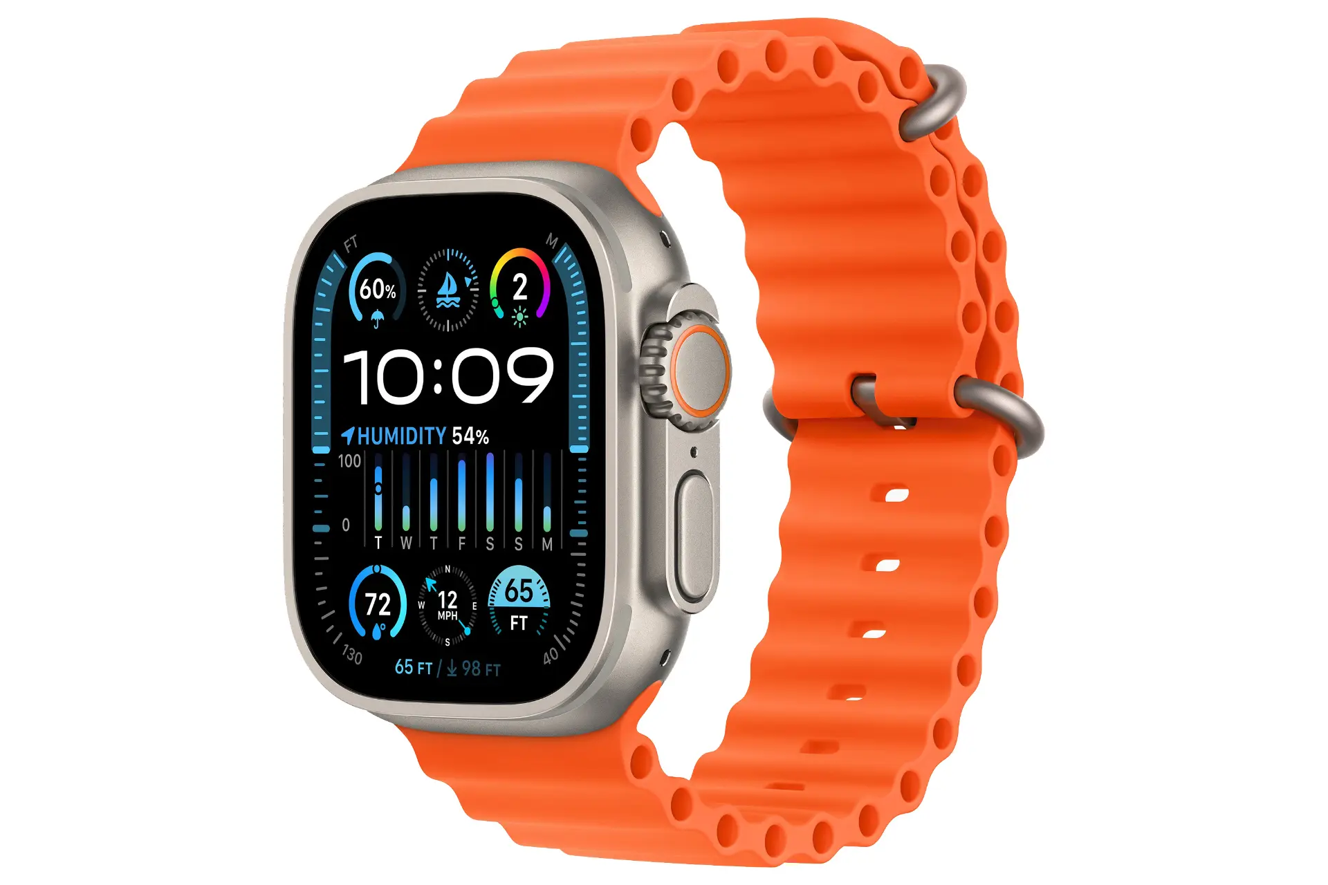 نمای نیمرخ راست ساعت هوشمند اپل واچ اولترا ۲ رنگ نارنجی