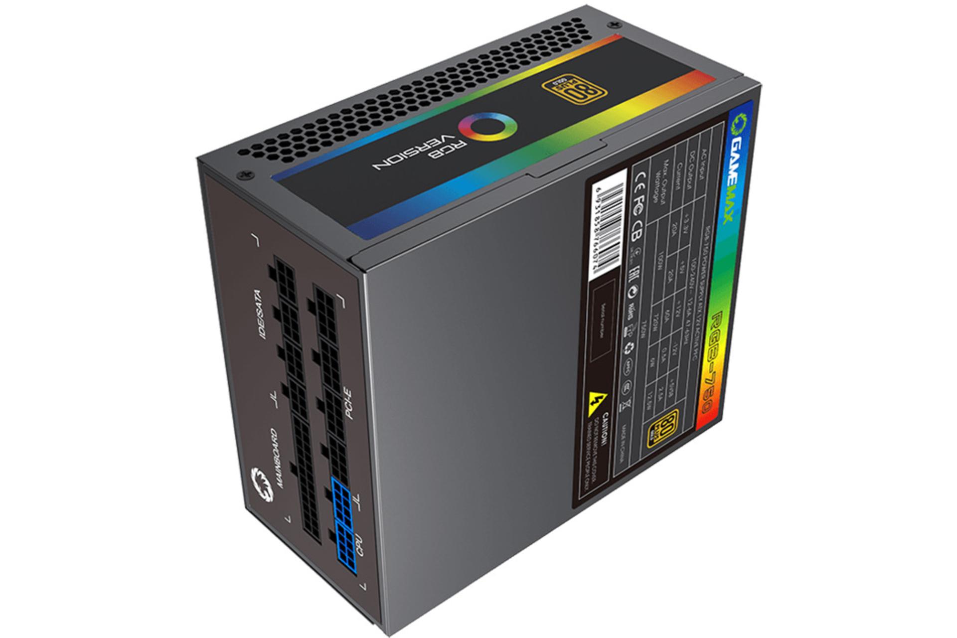 نمای ایستاده پاور کامپیوتر گیم مکس RGB750 Rainbow با توان 750 وات