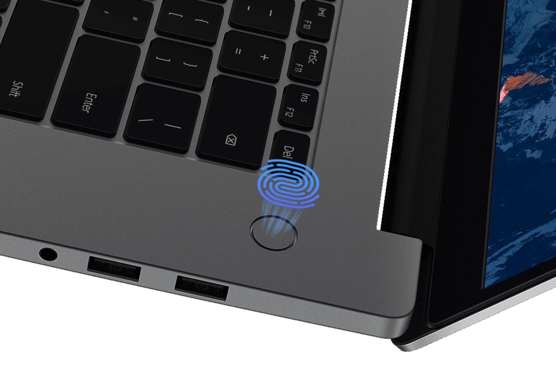 نمای نزدیک از دکمه پاور و حسگر اثر انگشت لپ تاپ هواوی میت بوک B3-520