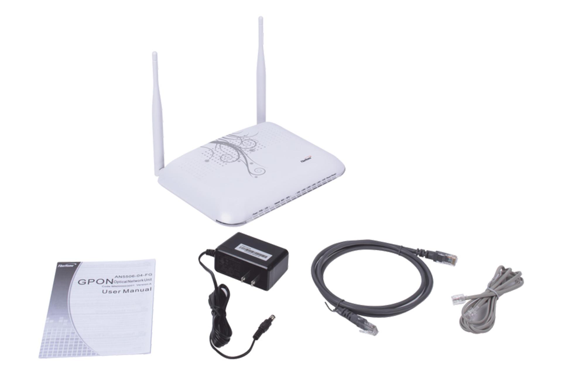 اقلام همراه مودم روتر GPON فایبرهوم FiberHome AN5506-04-FS