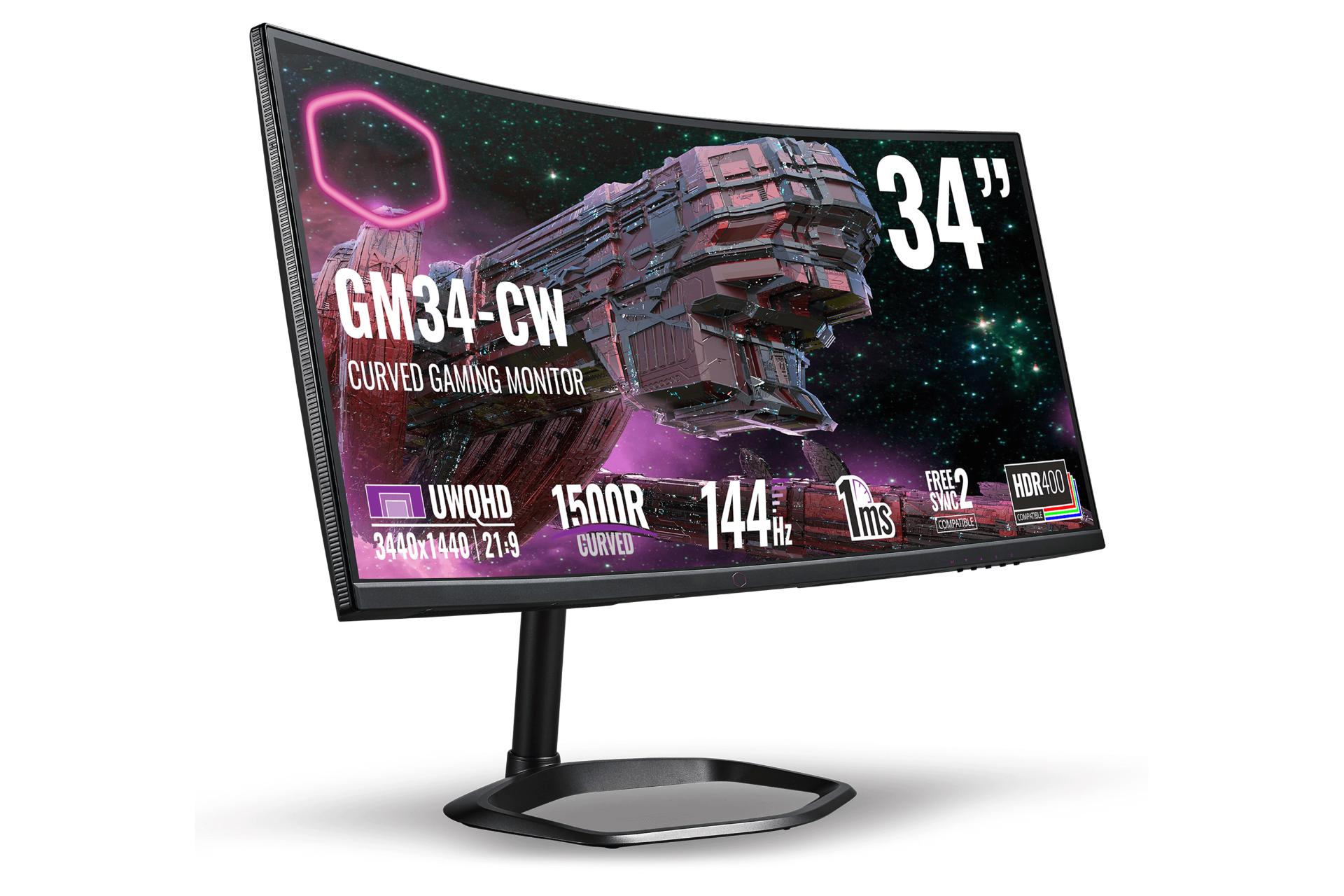 نمای جلو زاویه دار مانیتور کولر مستر 34 اینچ GM34-CW رنگ مشکی