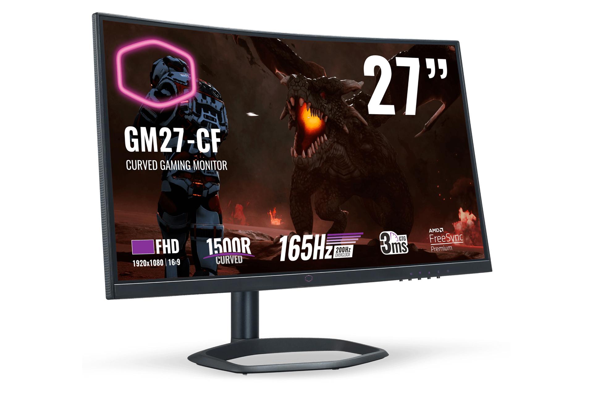 نمای جلو زاویه دار مانیتور کولر مستر 27 اینچ GM27-CF رنگ مشکی