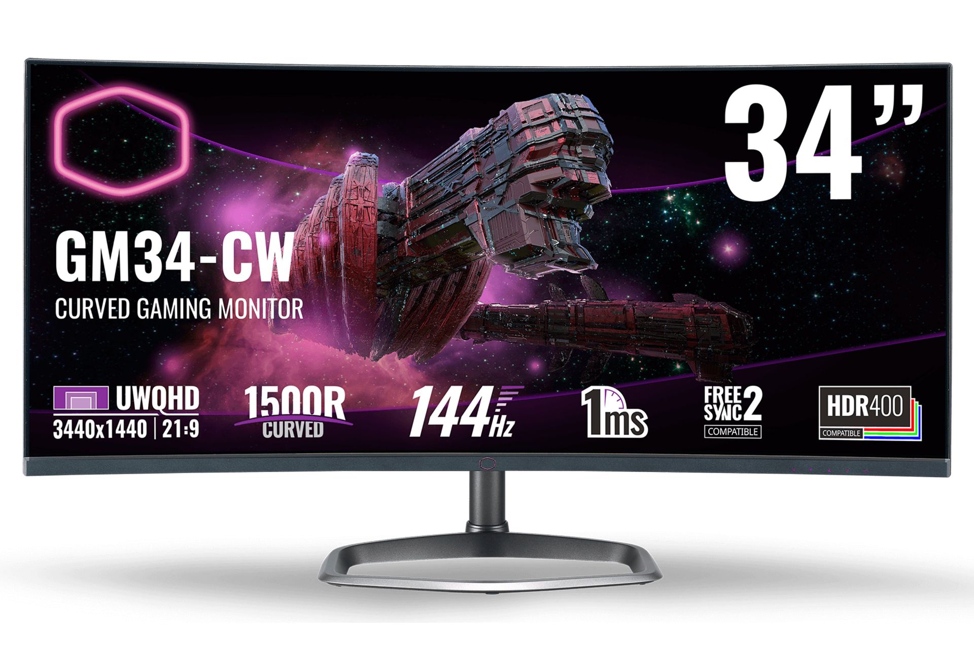 نمای جلو مانیتور کولر مستر 34 اینچ GM34-CW رنگ مشکی