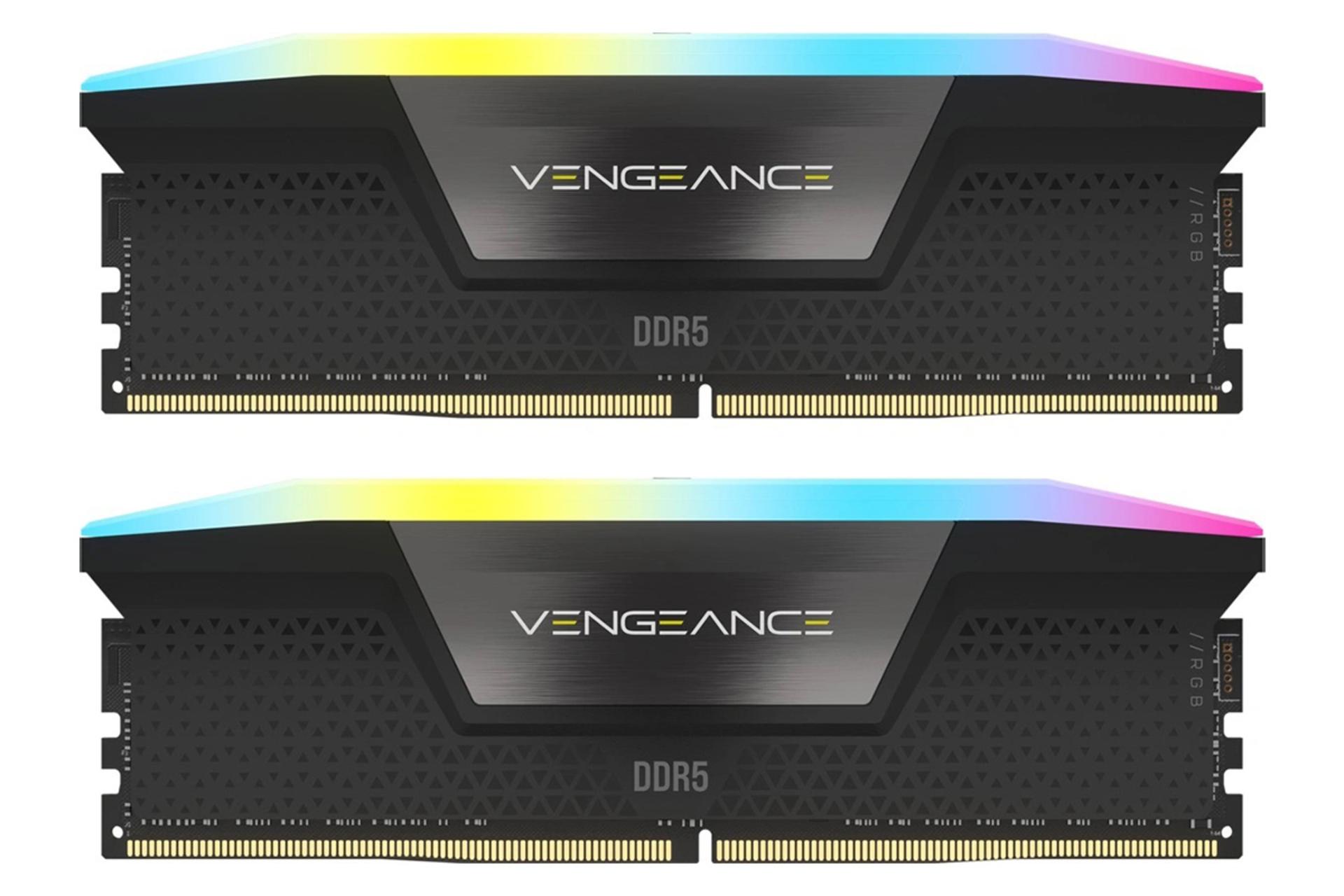 نمای جلوی رم کورسیر VENGEANCE RGB ظرفیت 32 گیگابایت (2x16) از نوع DDR5-6200 بصورت دوتایی