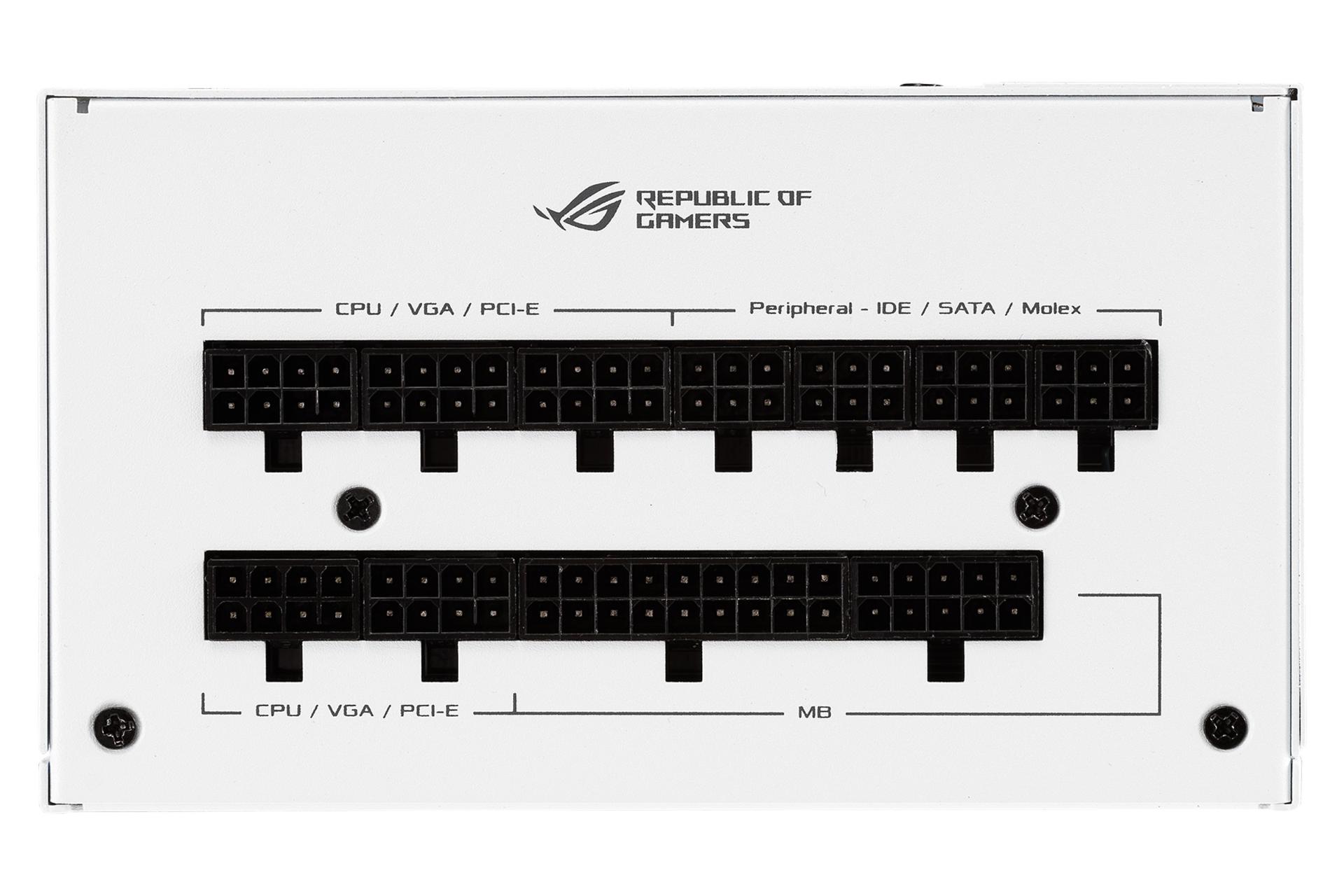 نمای اتصالات پاور کامپیوتر ایسوس ROG Strix 850G با توان 850 وات سفید