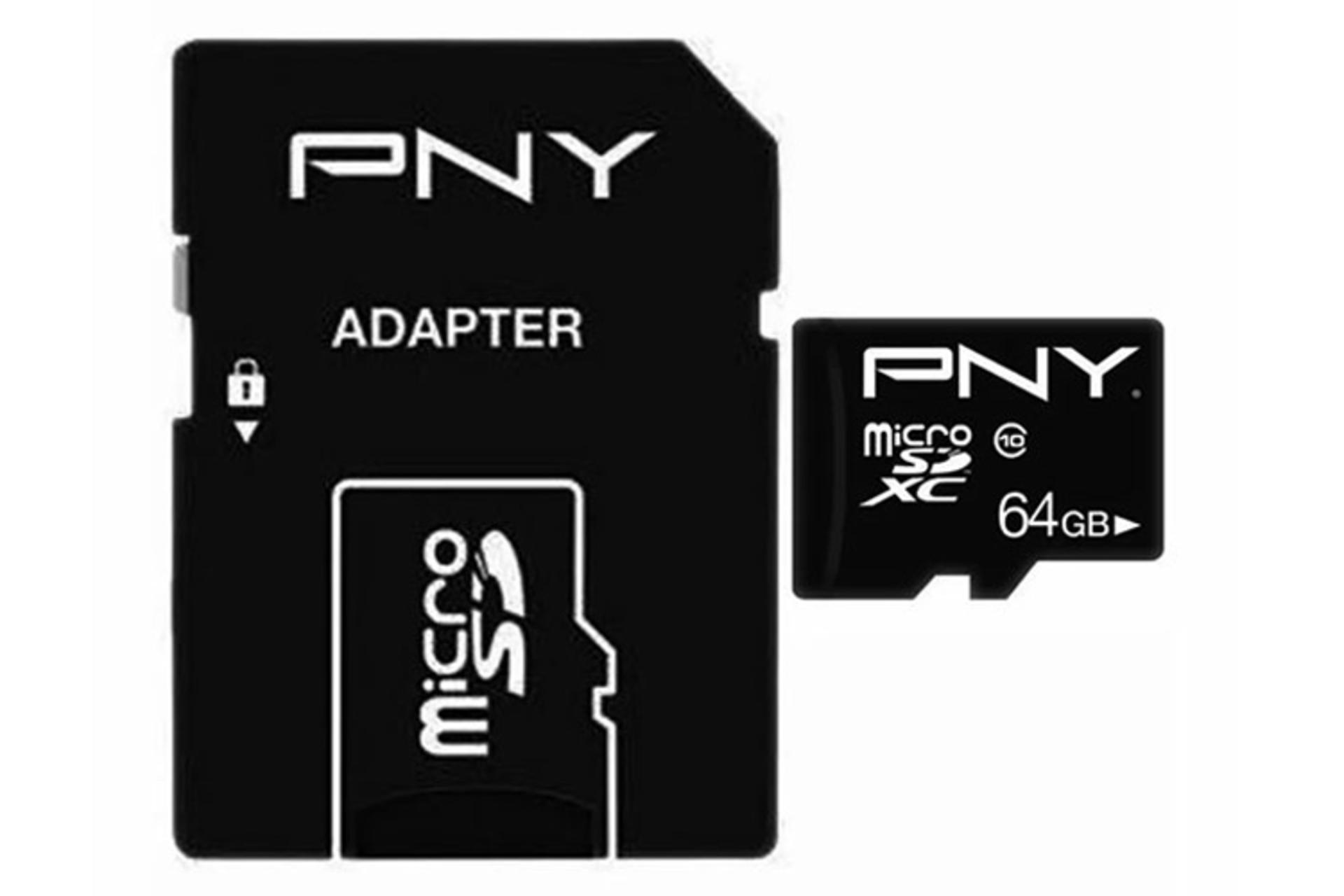 کارت حافظه پی ان وای microSDXC ظرفیت 64 گیگابایت مدل Performance Plus کلاس 10 همراه آداپتور