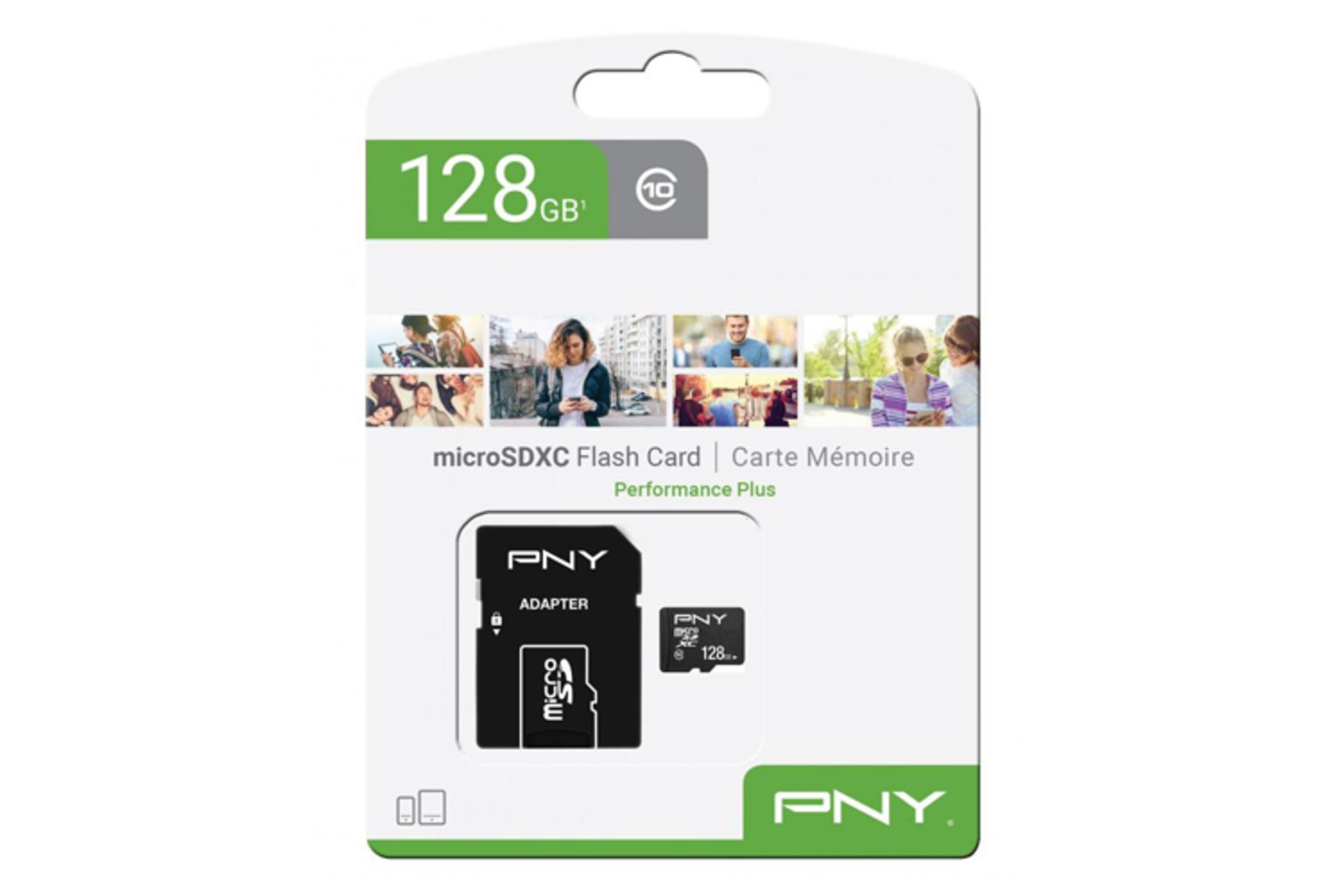 کارت حافظه پی ان وای microSDXC ظرفیت 128 گیگابایت مدل Performance Plus کلاس 10 با جعبه