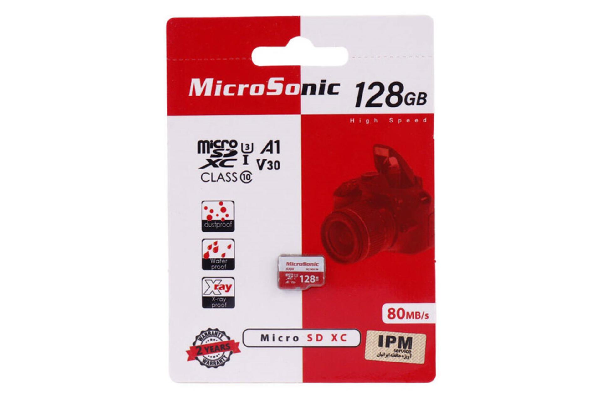 کارت حافظه میکروسونیک microSDXC با ظرفیت 128 گیگابایت مدل 533X V30 A1 کلاس 10 با جعبه