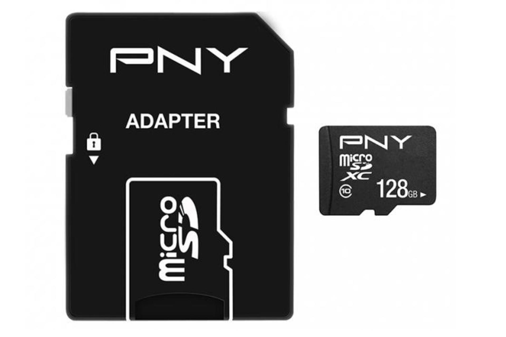 کارت حافظه پی ان وای microSDXC ظرفیت 128 گیگابایت مدل Performance Plus کلاس 10 همراه آداپتور