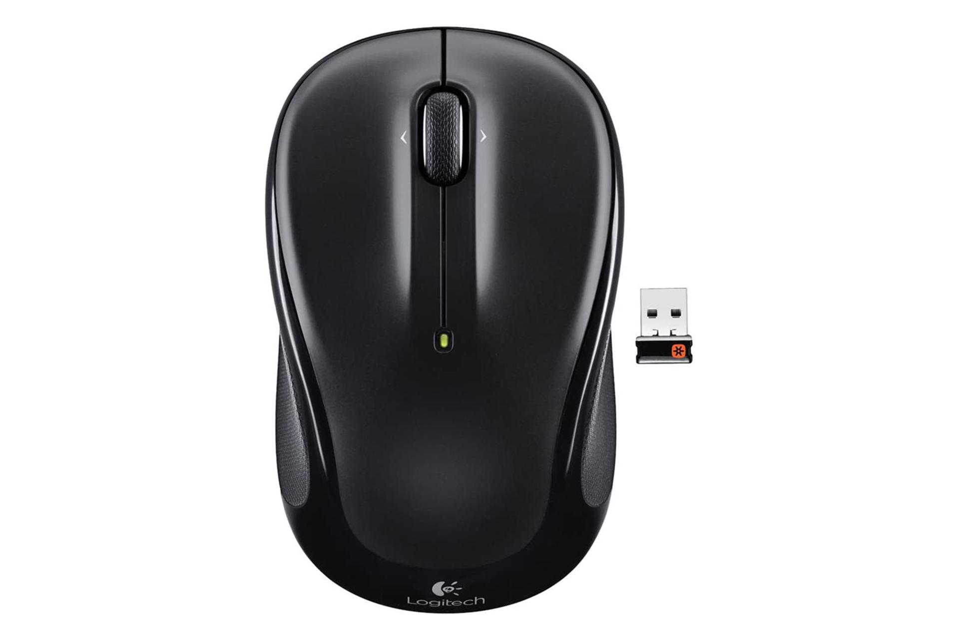 نمای بالا ماوس لاجیتک M325 در کنار دانگل USB