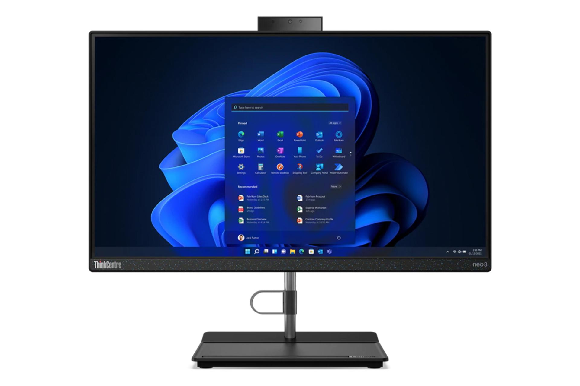 نمای جلوی کامپیوتر همه کاره Lenovo ThinkCentre Neo 30a 22 Inch با صفحه نمایش روشن و نمایش پایه و وبکم پاپ‌آپ