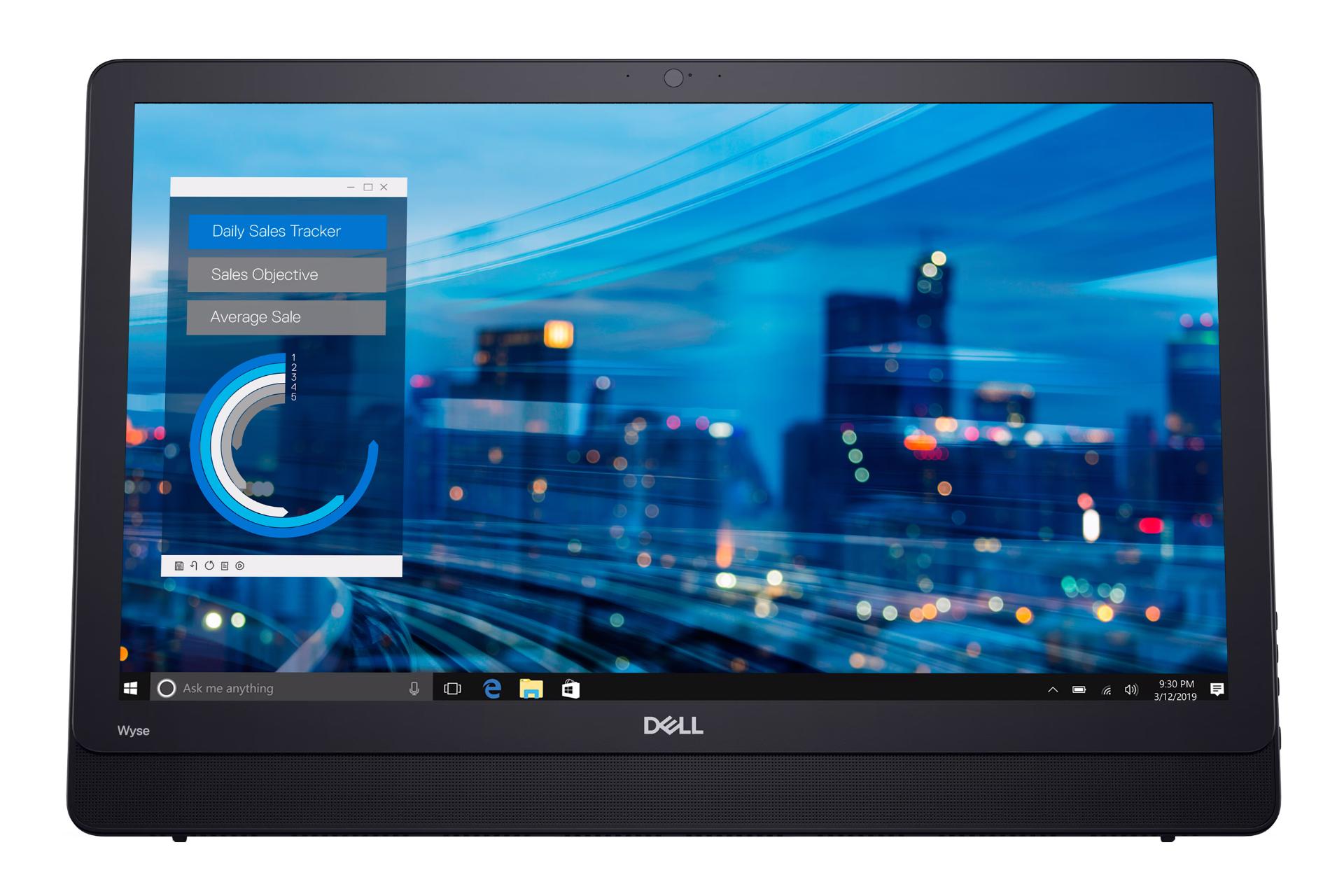 نمای رو به روی کامپیوتر همه کاره Dell Wyse 5470 با نمایشگر روشن و نمایش لوگو