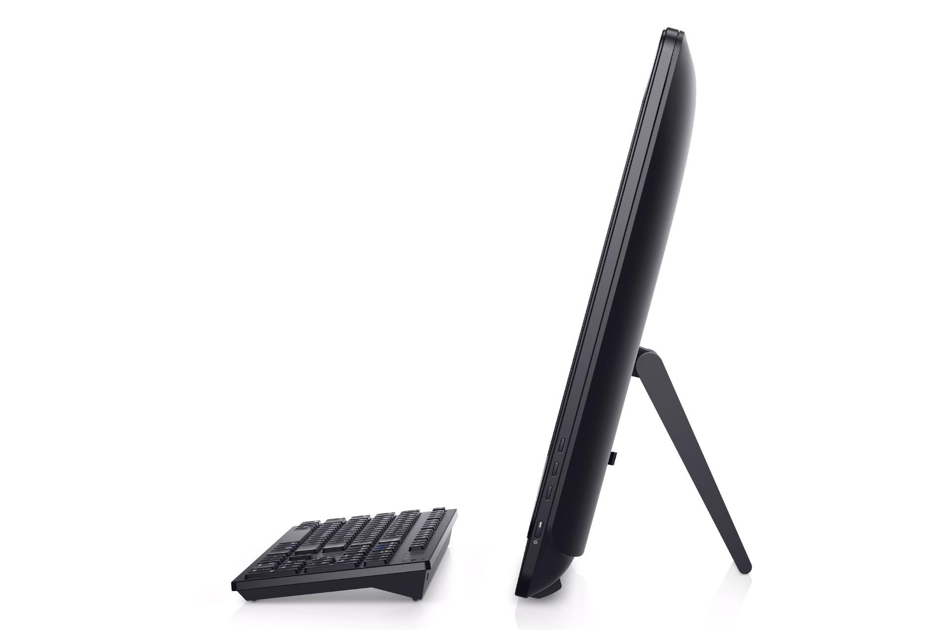 نمای لبه سمت راست کامپیوتر همه کاره Dell Wyse 5470 با نمایش ضخامت دستگاه و پایه پشت