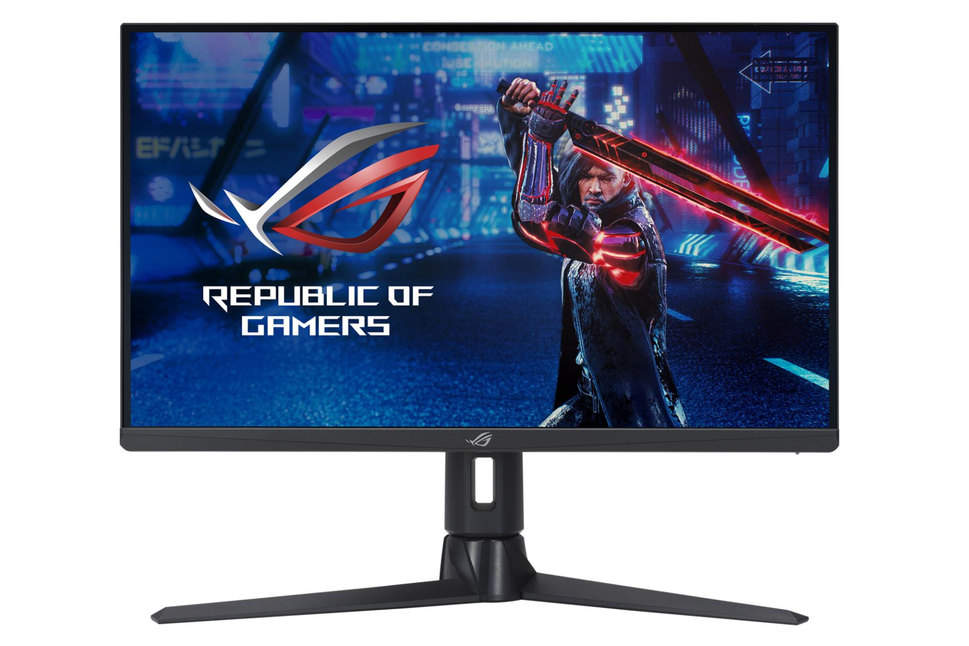 نمای جلو و لوگوی مانیتور ایسوس 27 اینچ مدل ROG Strix XG27AQMR