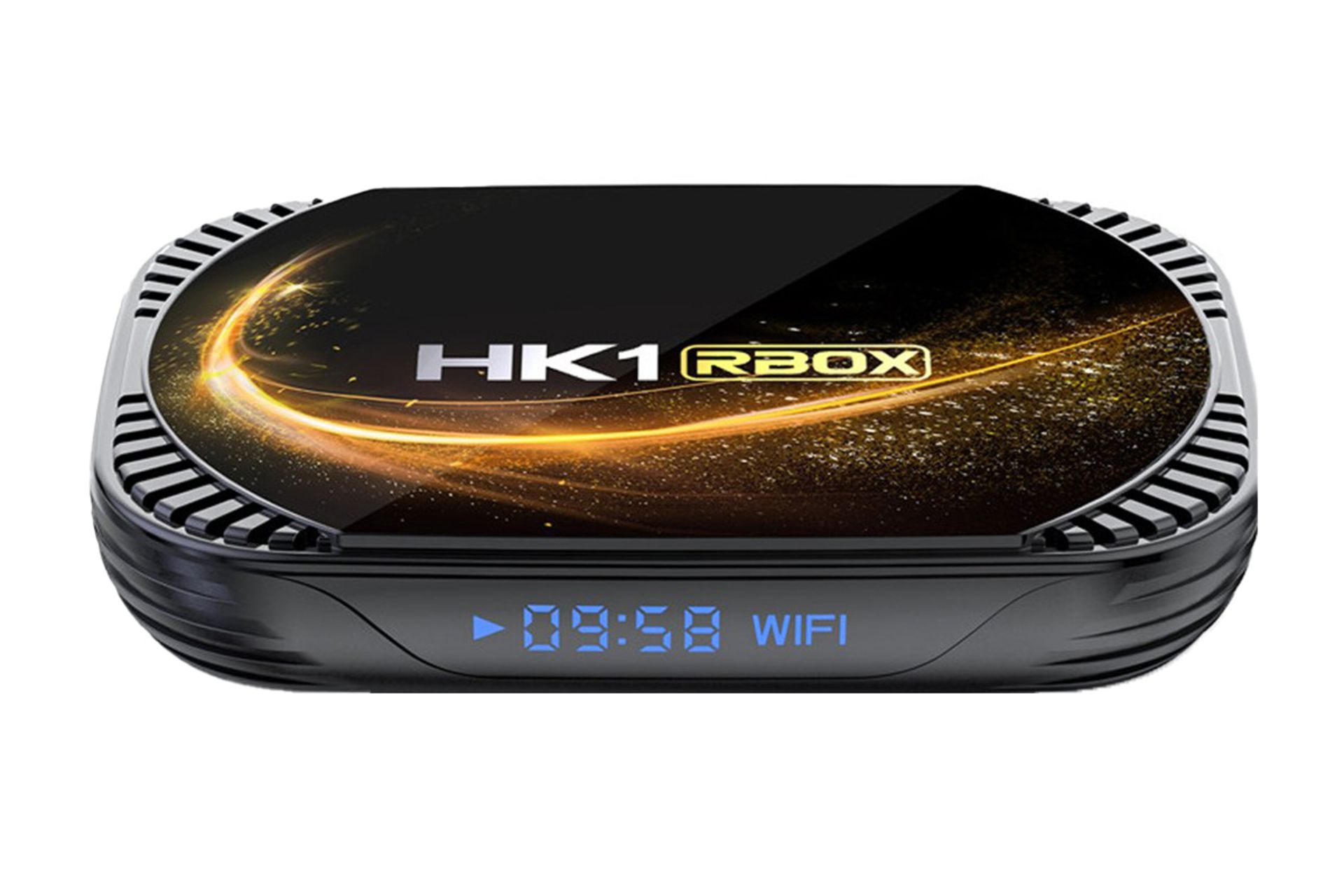 پنل جلوی اندروید باکس اچ کی وان RBOX X4S با تمرکز روی صفحه نمایش و نمایش پنل بالا