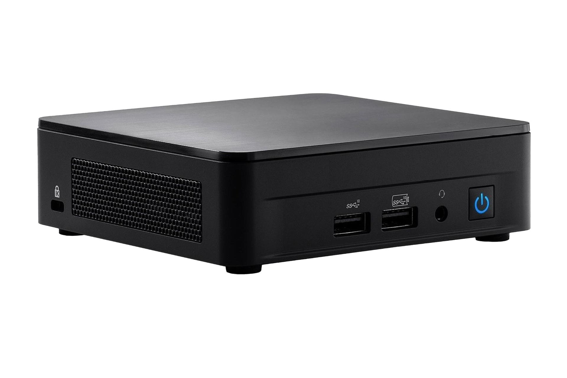 نمای کلی کامپیوتر کوچک NUC 12 Pro Kit SK اینتل و نمایش درگاه‌های جلوی دستگاه و قفل امنیتی پنل سمت چپ