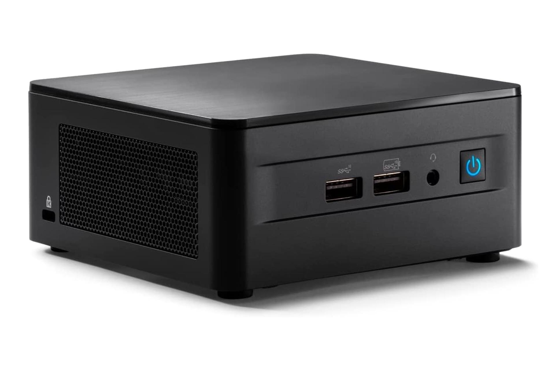 نمای کلی کامپیوتر کوچک NUC 12 Pro SH اینتل و نمایش درگاه‌های پنل جلو و قفل امنیتی پنل چپ