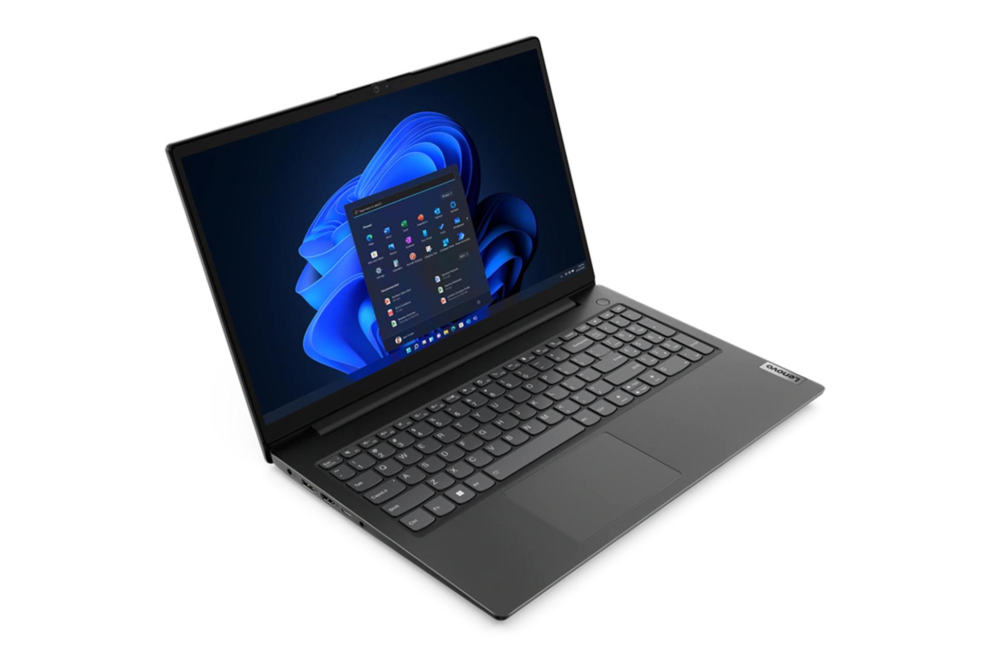 نمای نیمرخ لپ تاپ V15 G3 لنوو و نمایش کیبورد و نمایشگر و درگاه‌های لبه‌ی سمت چپ رنگ مشکی