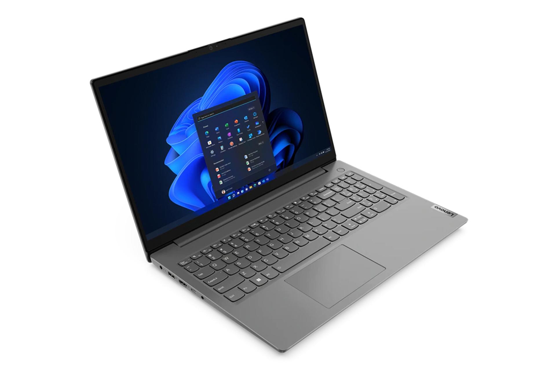 نمای نیمرخ لپ تاپ V15 G3 لنوو و نمایش کیبورد و نمایشگر و درگاه‌های لبه‌ی سمت چپ رنگ خاکستری