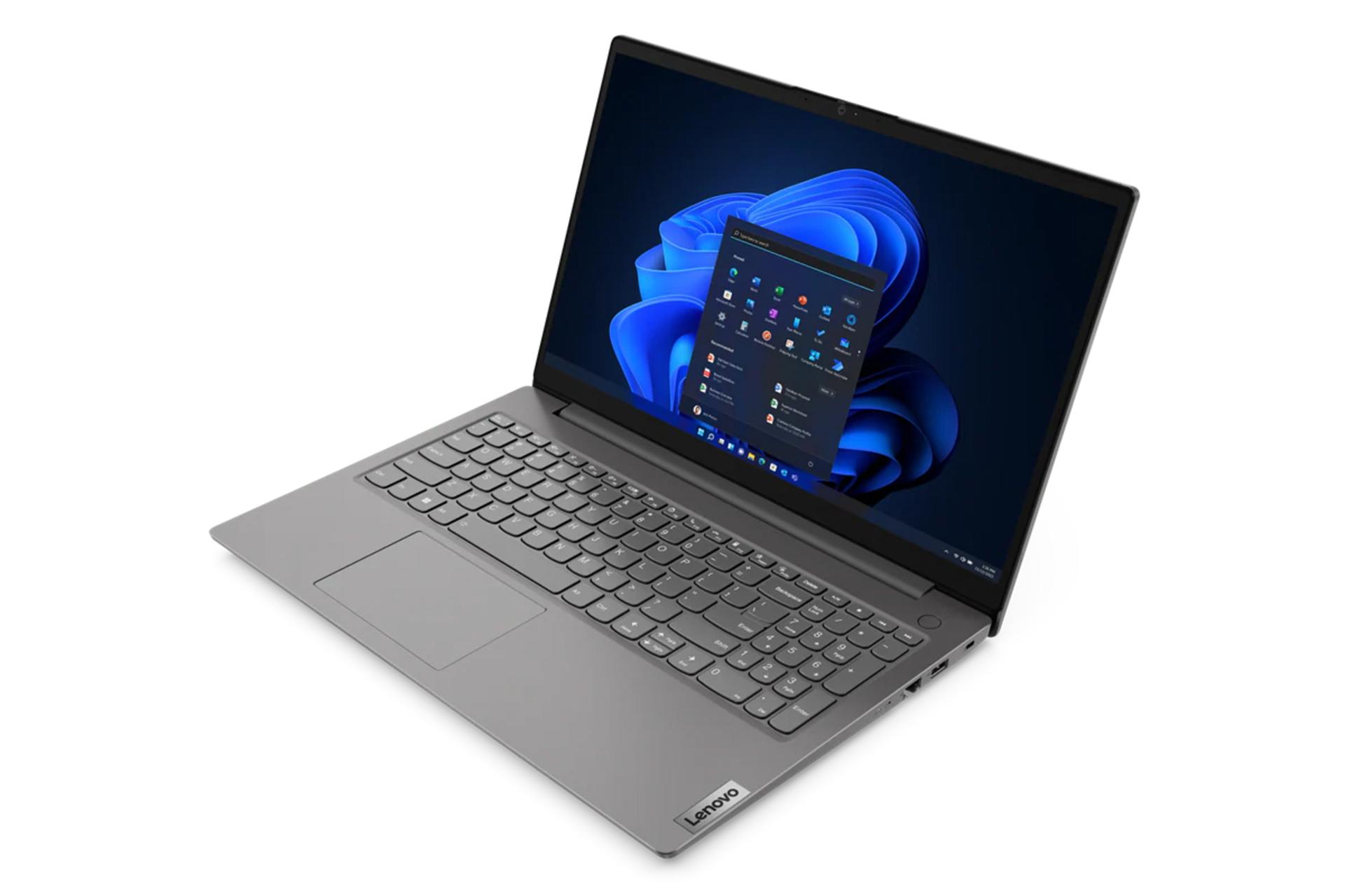 نمای نیمرخ لپ تاپ V15 G3 لنوو و نمایش کیبورد و نمایشگر و درگاه‌های لبه‌ی سمت راست رنگ خاکستری