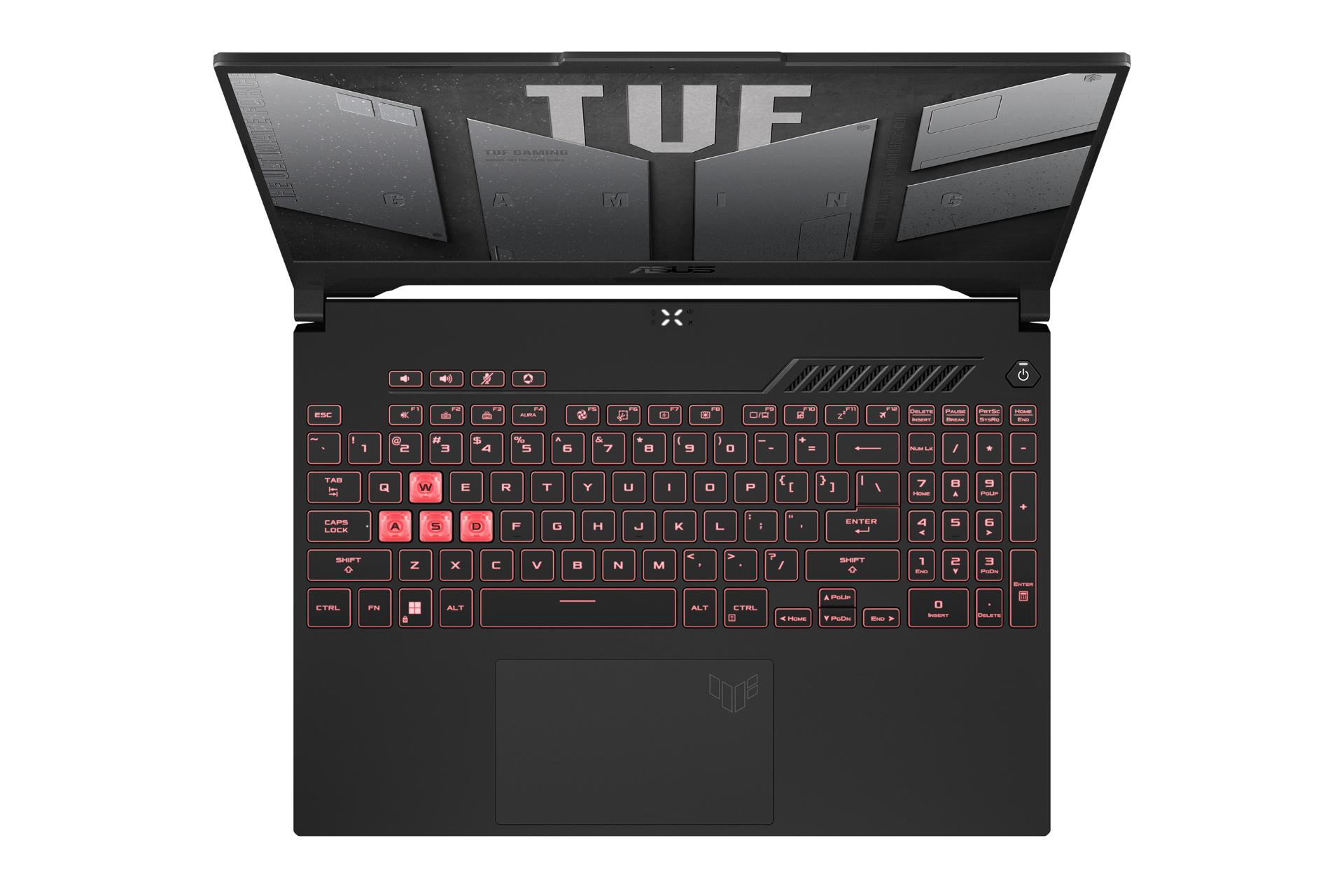 نمای بالای لپ تاپ TUF Gaming A15 2022 FA507R ایسوس با تمرکز روی کیبورد و ترک پد