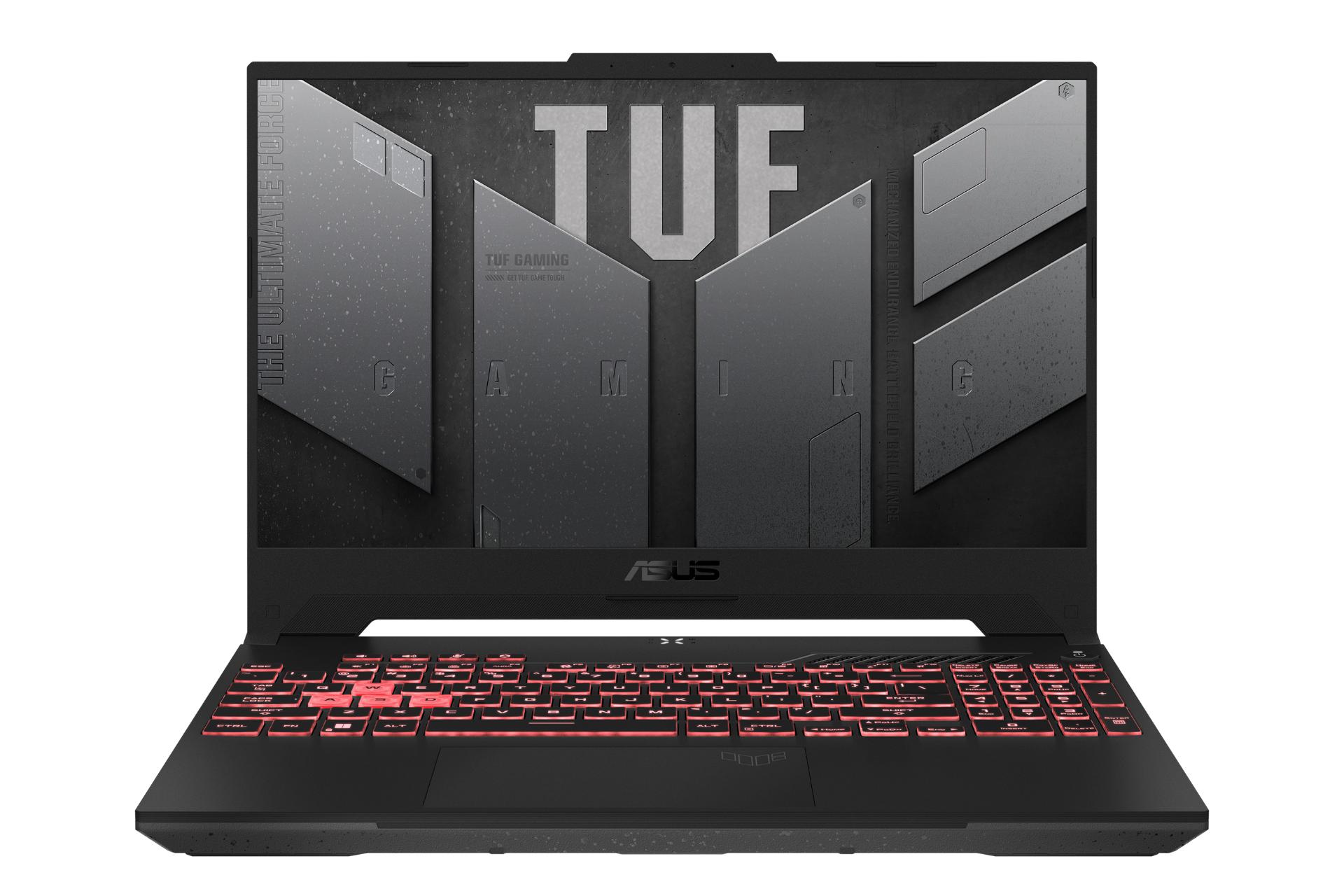 نمای جلوی لپ تاپ TUF Gaming A15 FA507RF ایسوس با صفحه نمایش روشن و نورپردازی کیبورد