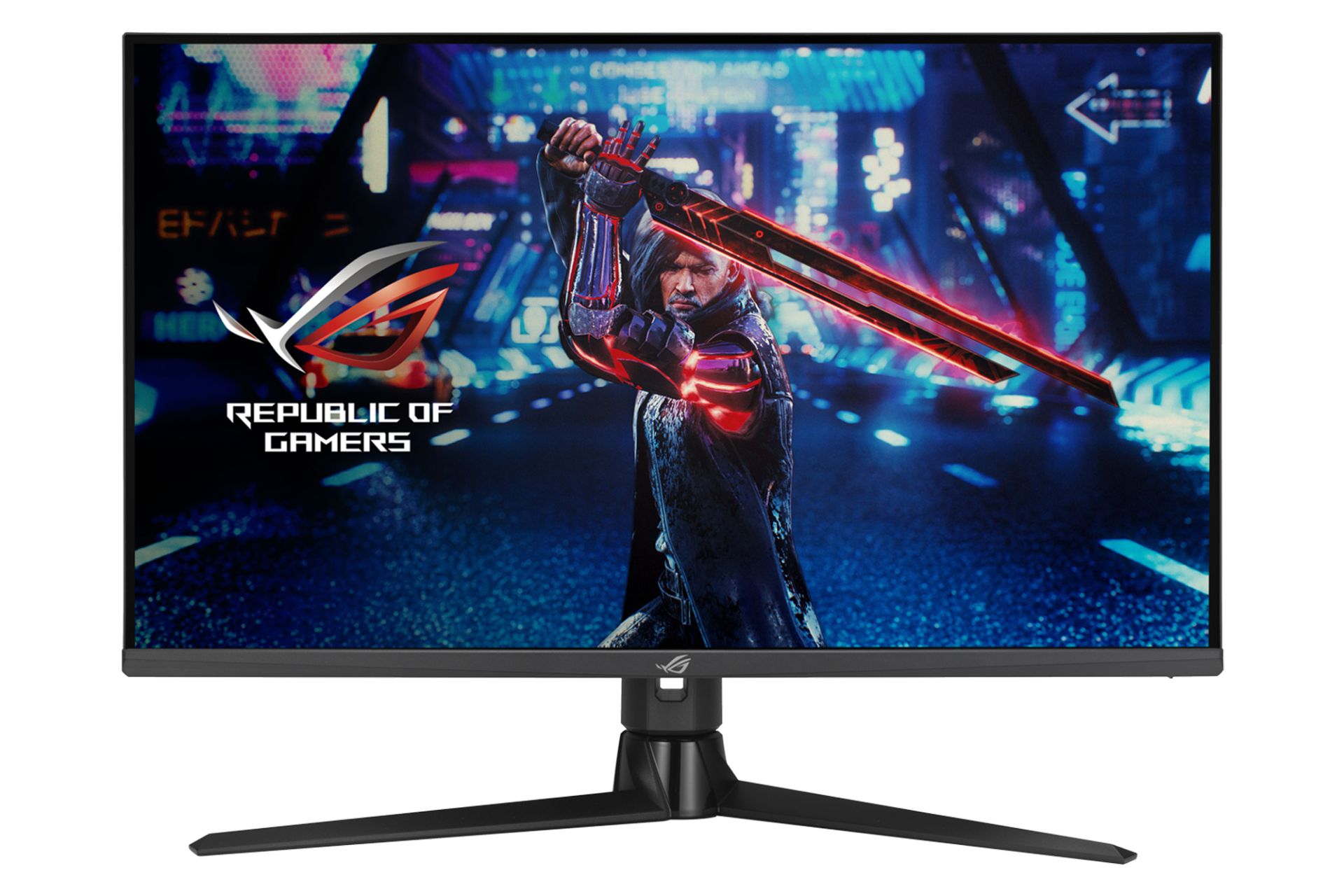 نمای جلو و لوگوی مانیتور ایسوس 32 اینچ مدل ROG Strix XG32UQ