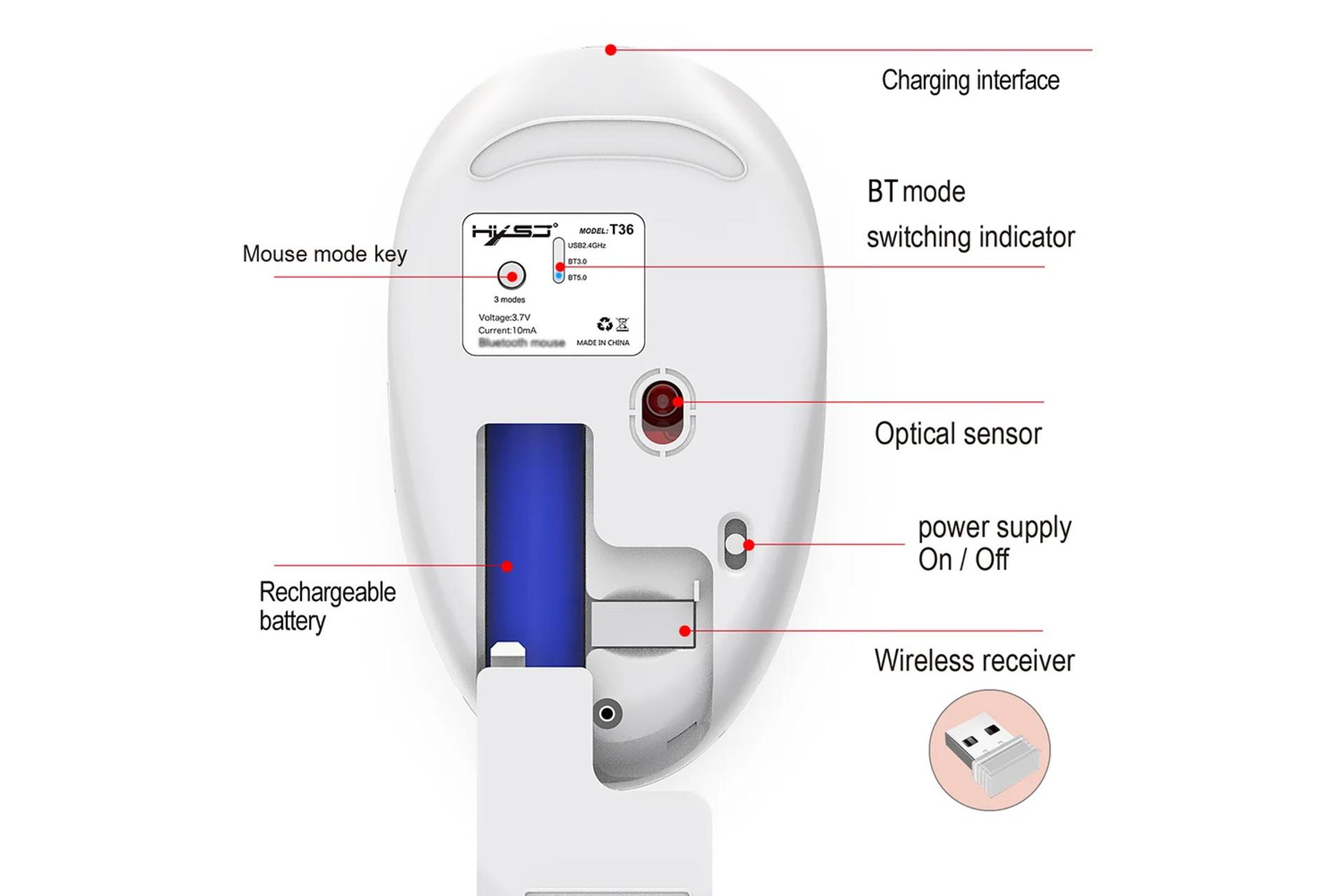 نمای پایین ماوس اچ ایکس اس جی HXSJ T36، محل باتری و کلید خاموش و روشن