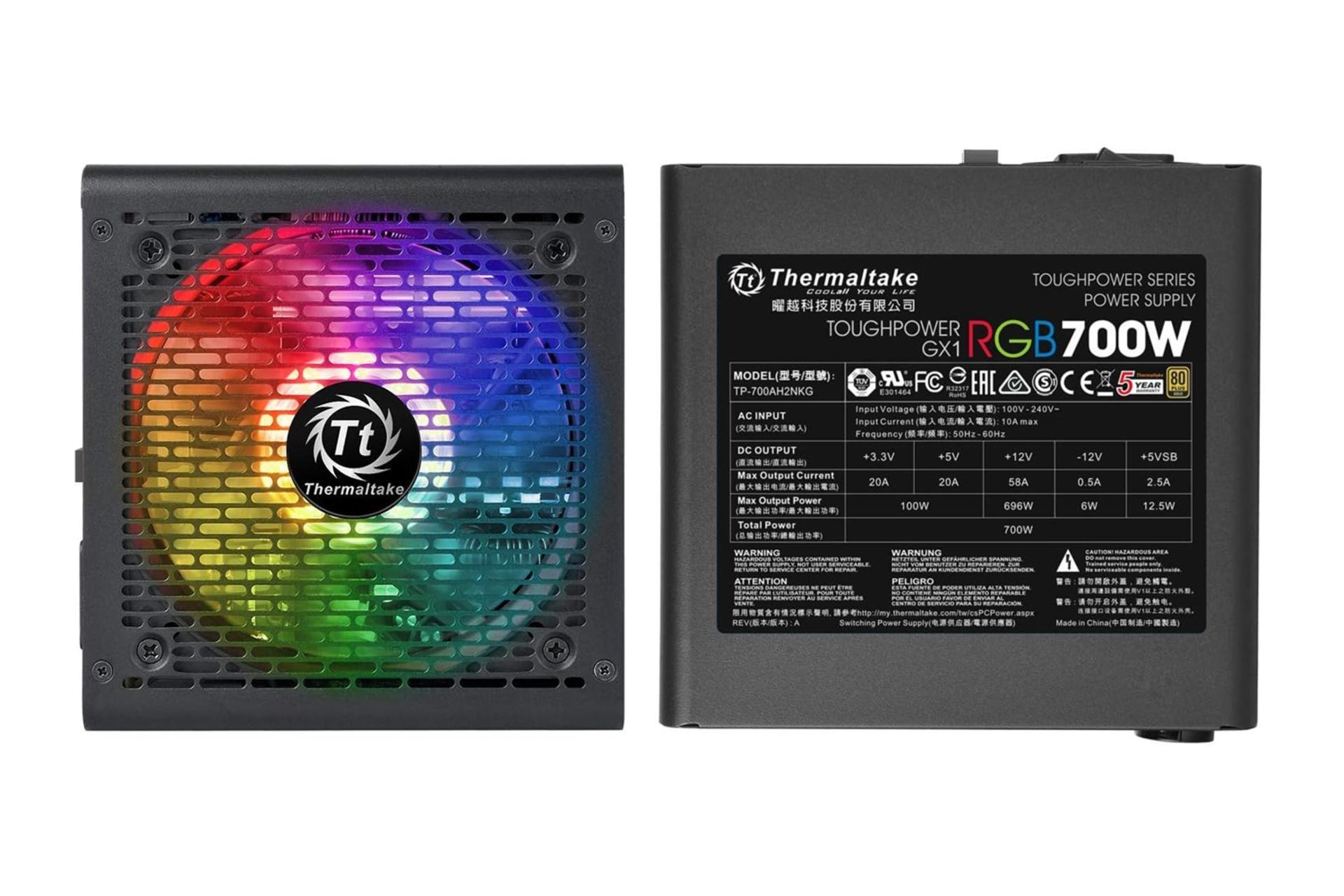 نمای پایین و بالای پاور کامپیوتر ترمالتیک Toughpower GX1 RGB 700W Gold با توان 700 وات