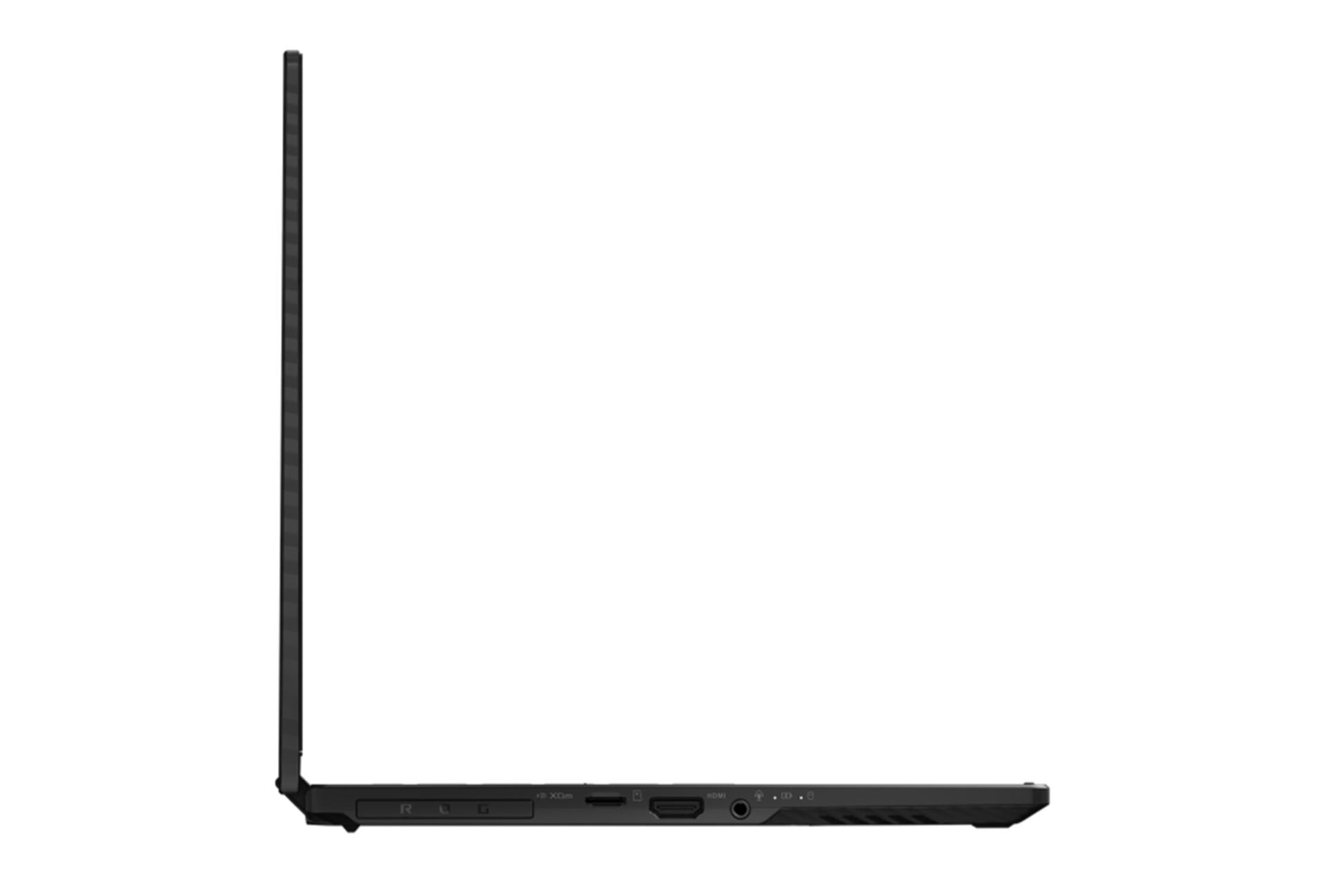 نمای لبه چپ لپ تاپ ROG Flow X13 GV302X ایسوس و نمایش خروجی‌های هوای گرم و پورت‌های لبه سمت چپ